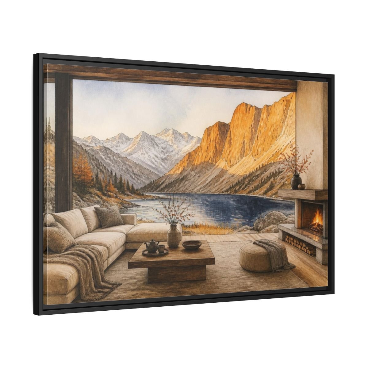Living Room Alpine Lake View Framed Canvas Print Wall Art – Decor, Above Fireplace - YesArtYes