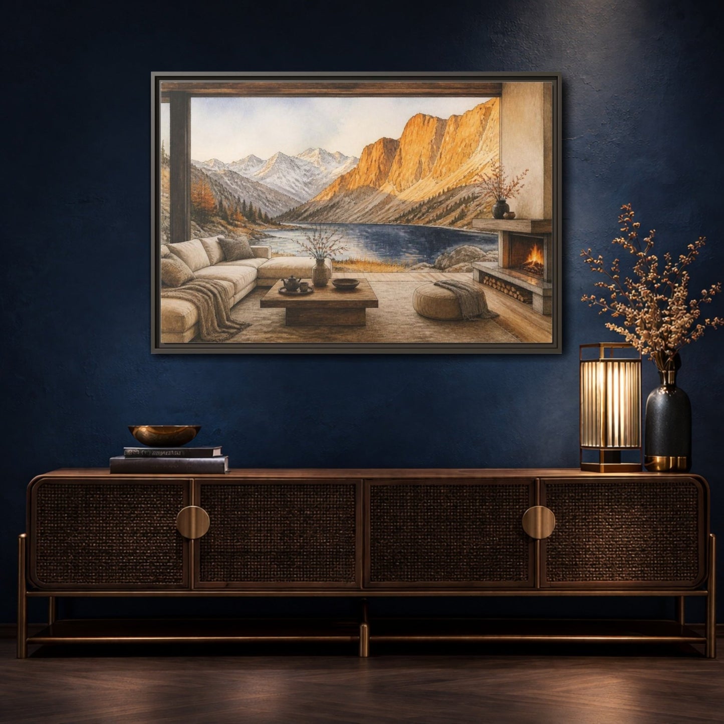 Living Room Alpine Lake View Framed Canvas Print Wall Art – Decor, Above Fireplace - YesArtYes