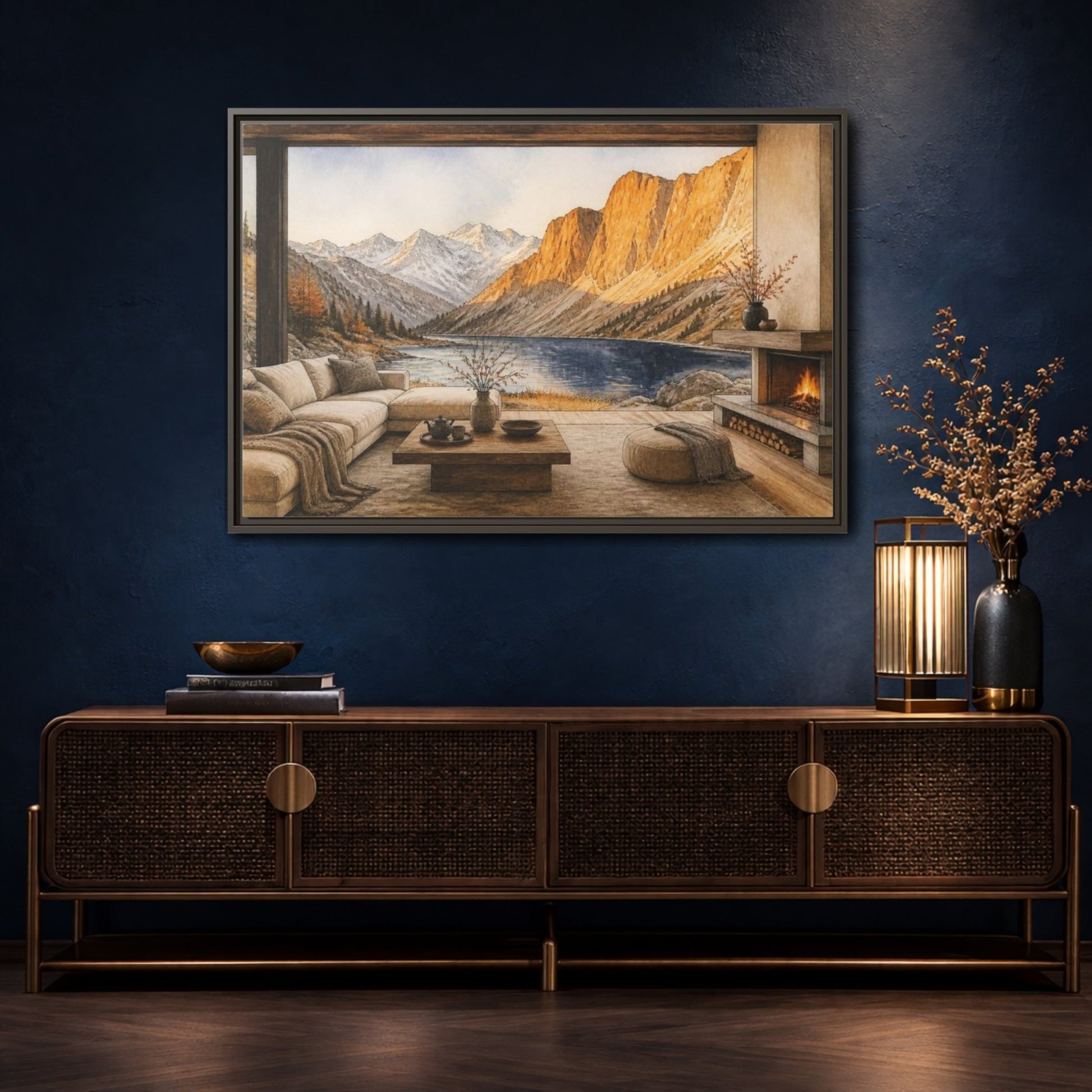 Living Room Alpine Lake View Framed Canvas Print Wall Art – Decor, Above Fireplace - YesArtYes