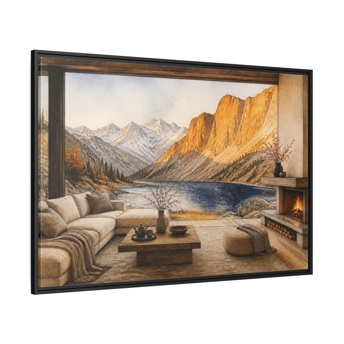 Living Room Alpine Lake View Framed Canvas Print Wall Art – Decor, Above Fireplace - YesArtYes