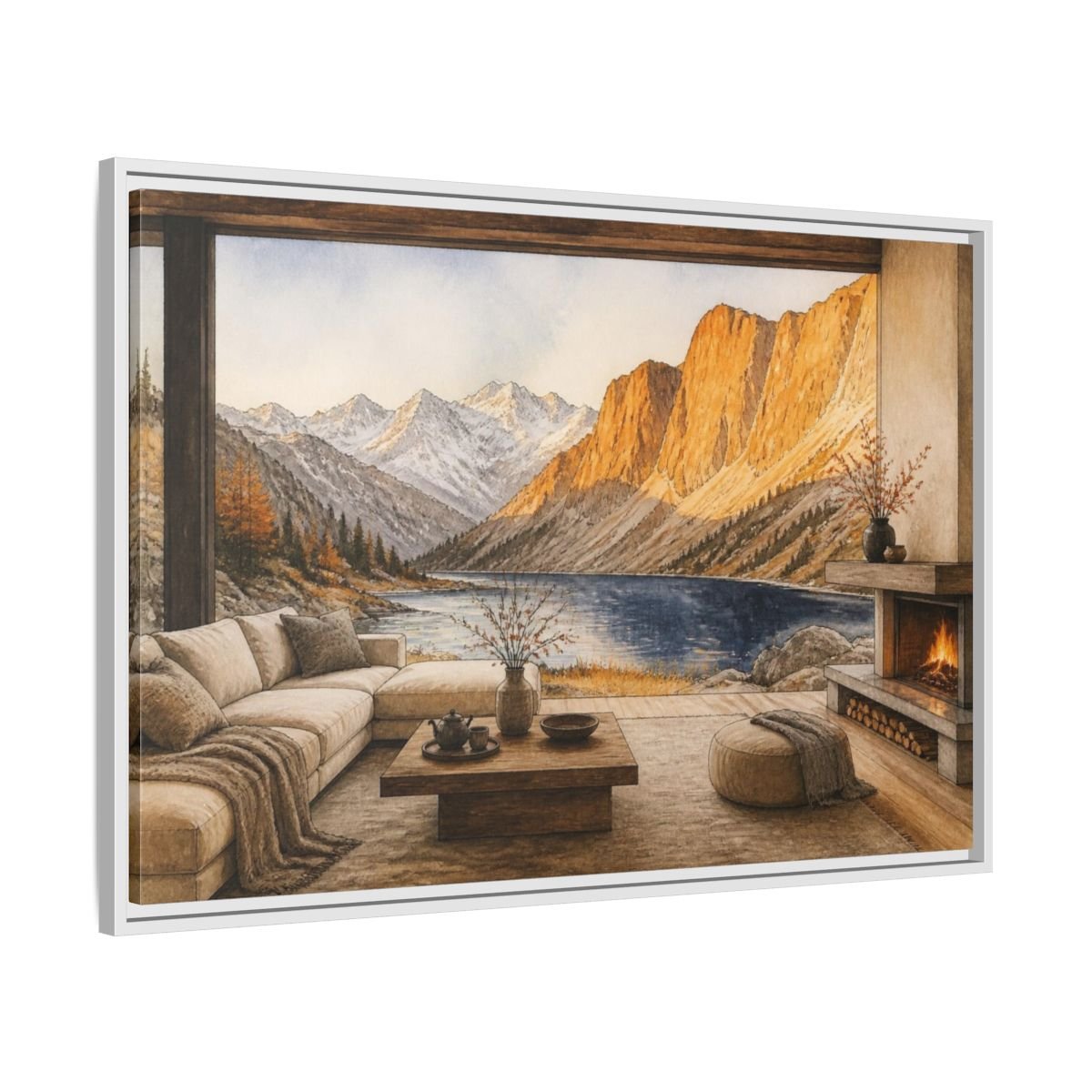 Living Room Alpine Lake View Framed Canvas Print Wall Art – Decor, Above Fireplace - YesArtYes