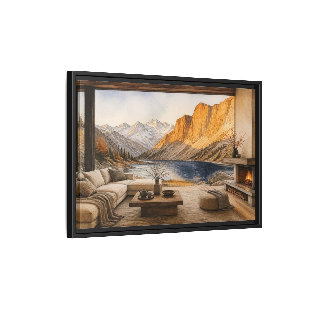 Living Room Alpine Lake View Framed Canvas Print Wall Art – Decor, Above Fireplace - YesArtYes