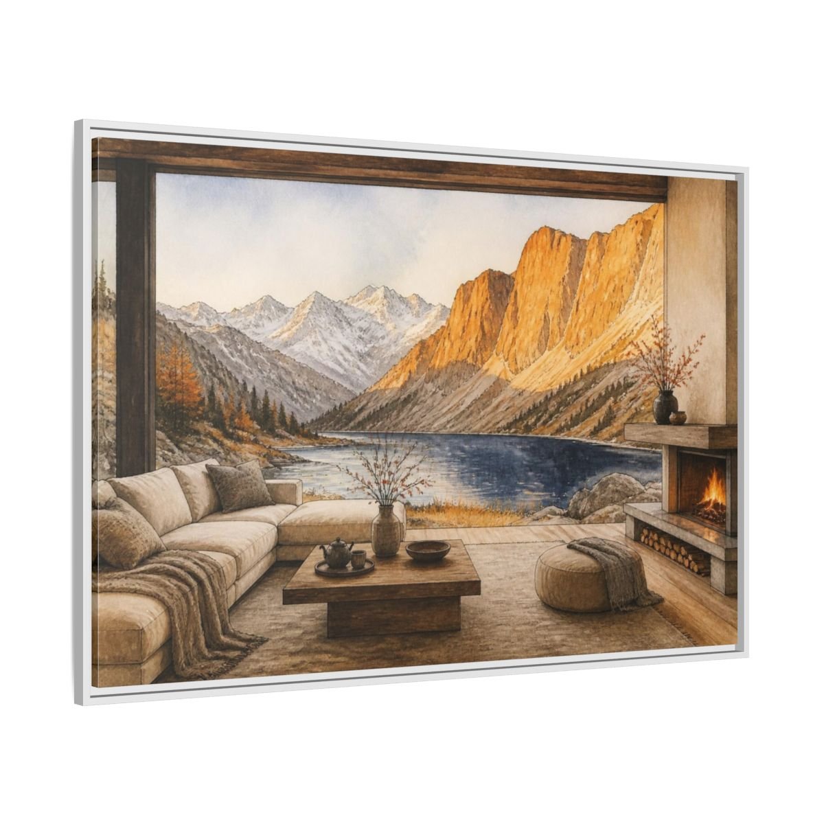 Living Room Alpine Lake View Framed Canvas Print Wall Art – Decor, Above Fireplace - YesArtYes