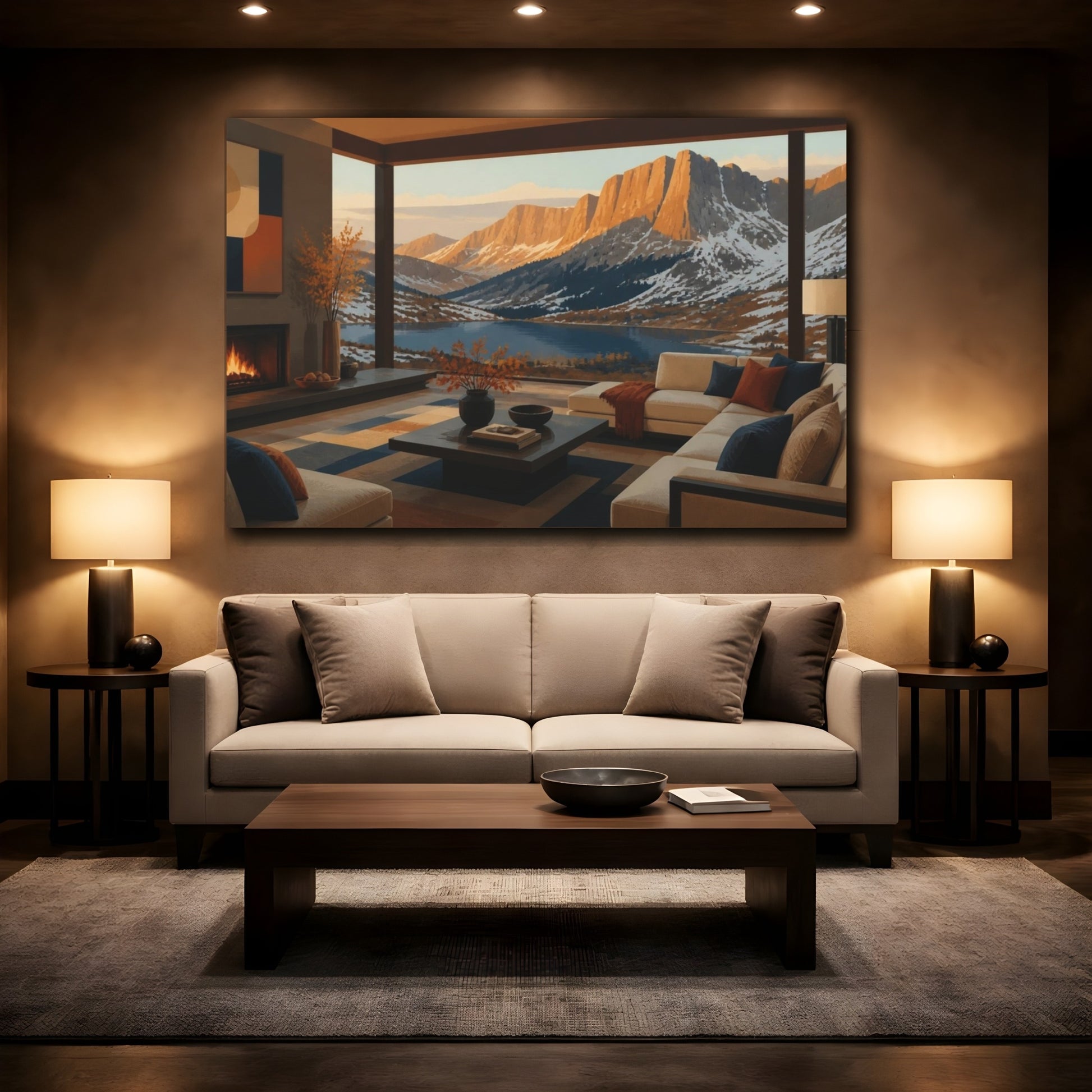 Mockup 2. Living Room Alpine Lake View shown as canvas print