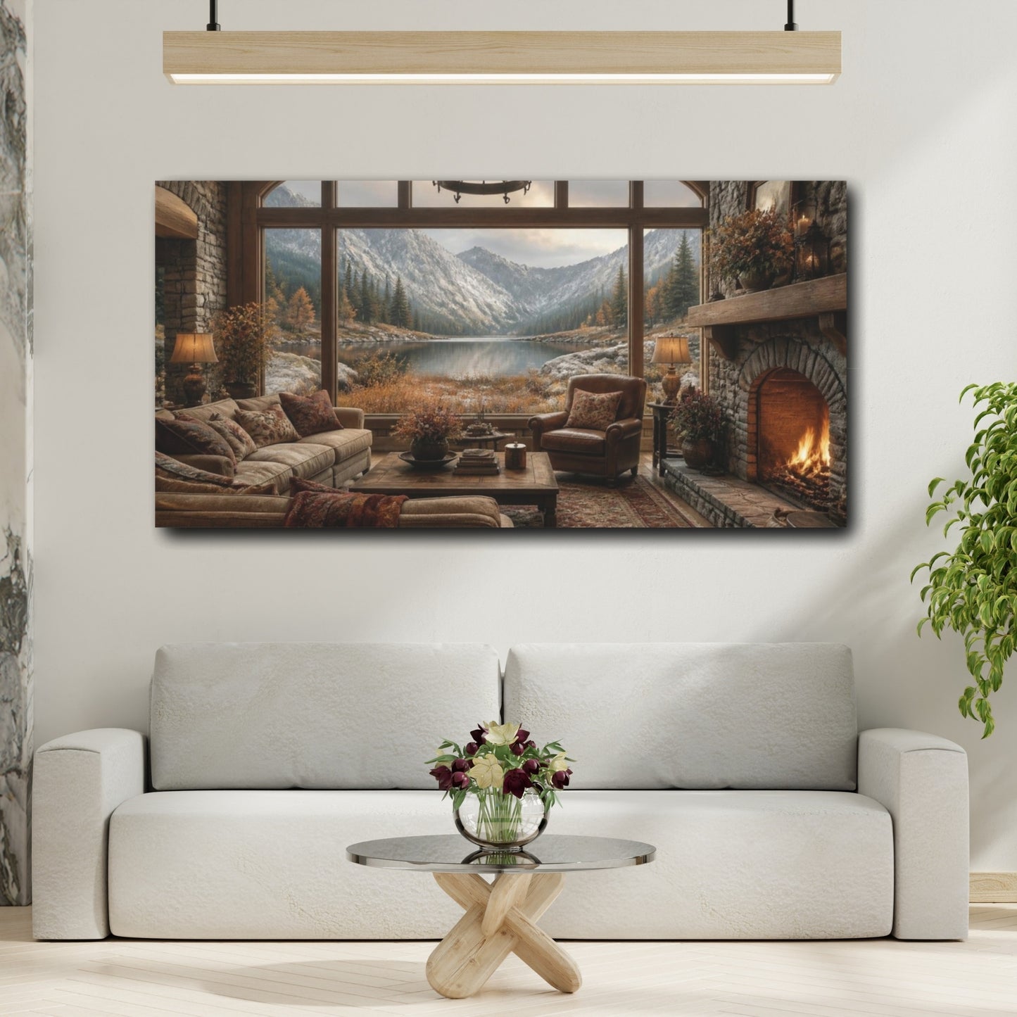 Mockup 2. Living Room Alpine Lake View shown as canvas print