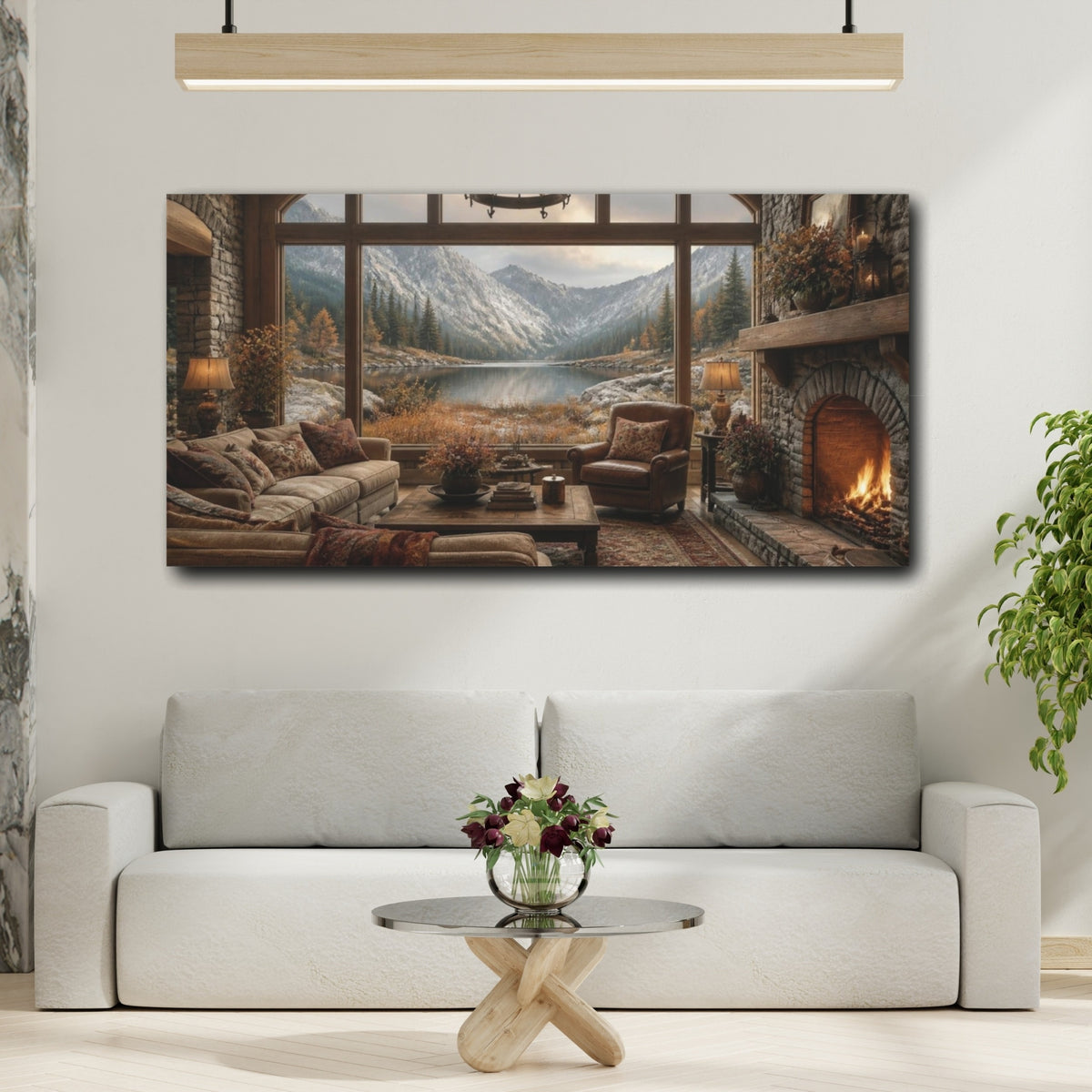 Mockup 2. Living Room Alpine Lake View shown as canvas print
