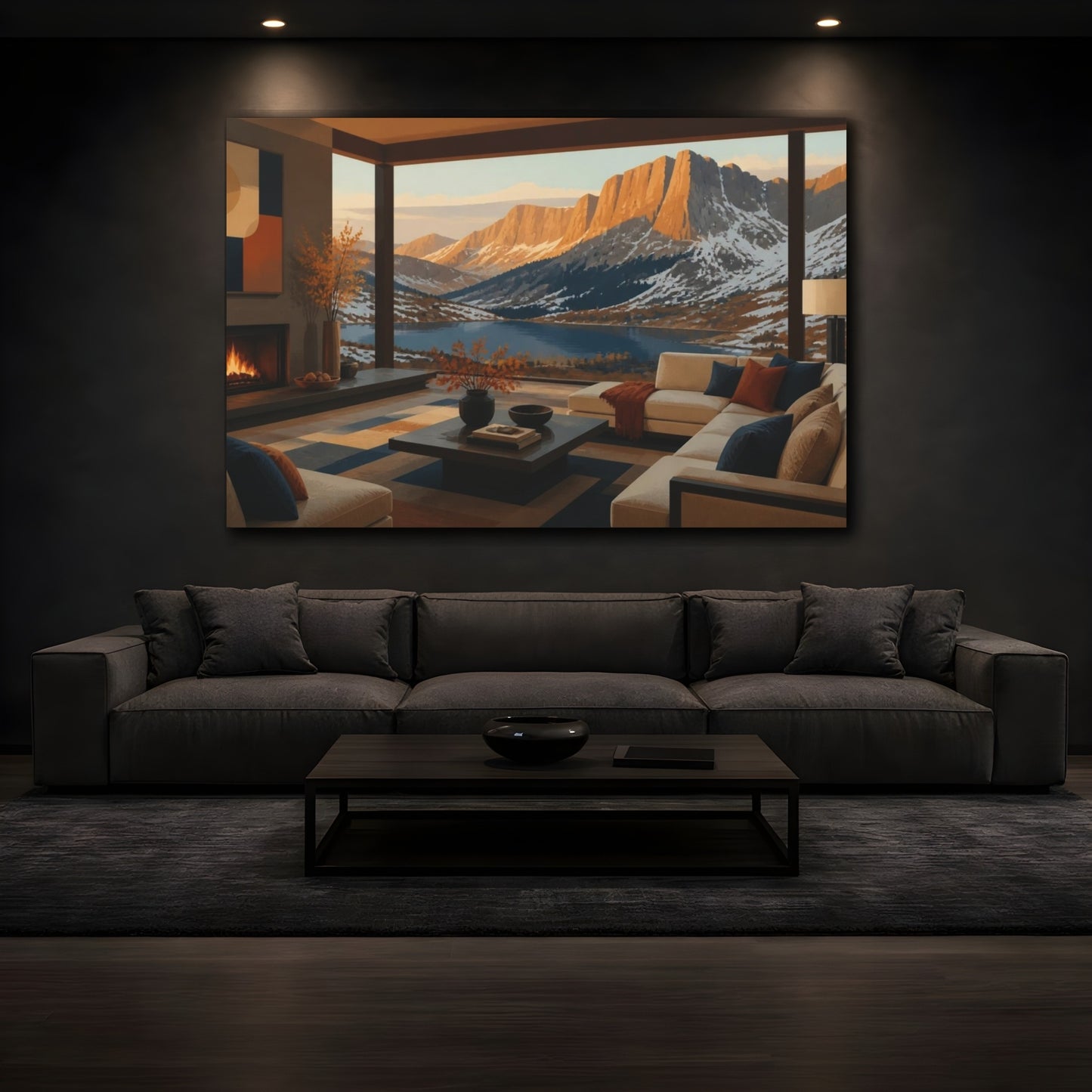 Mockup 3. Living Room Alpine Lake View shown as canvas print