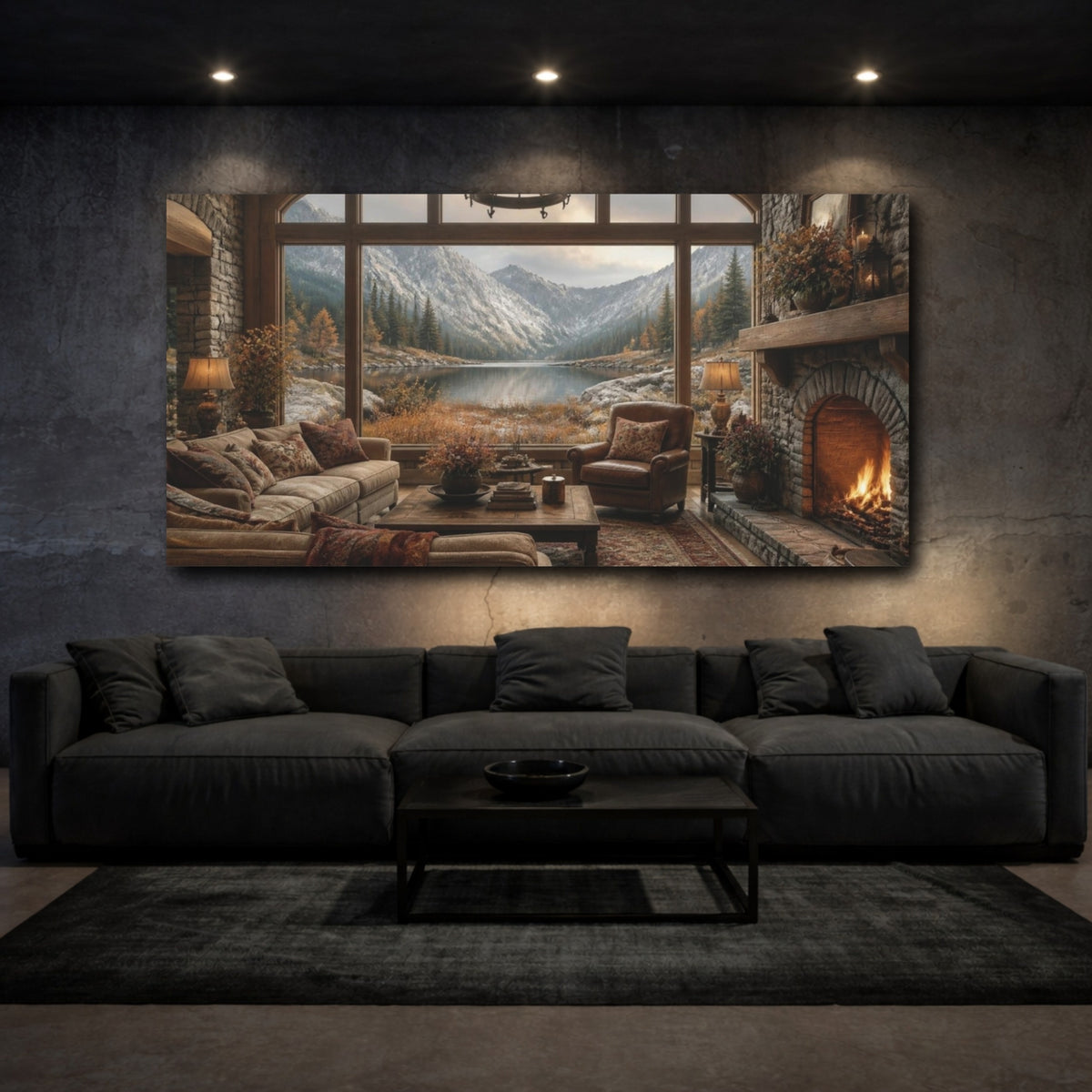 Mockup 3. Living Room Alpine Lake View shown as canvas print