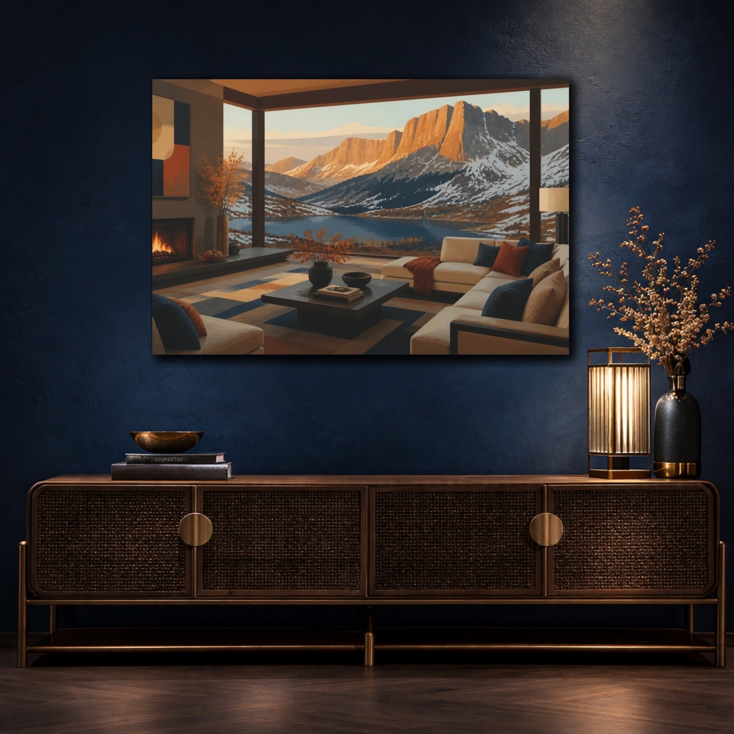 Mockup 4. Living Room Alpine Lake View shown as canvas print