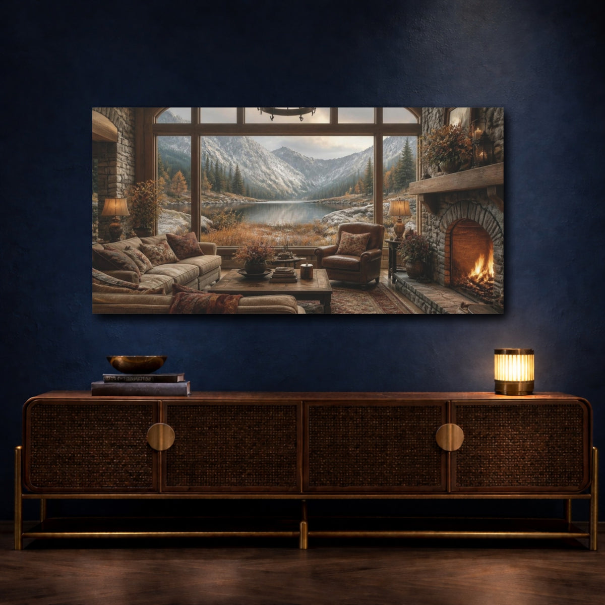 Mockup 4. Living Room Alpine Lake View shown as canvas print