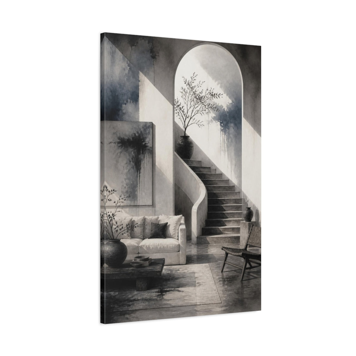 Main Mockup. Living Room Arched Staircase shown as canvas print
