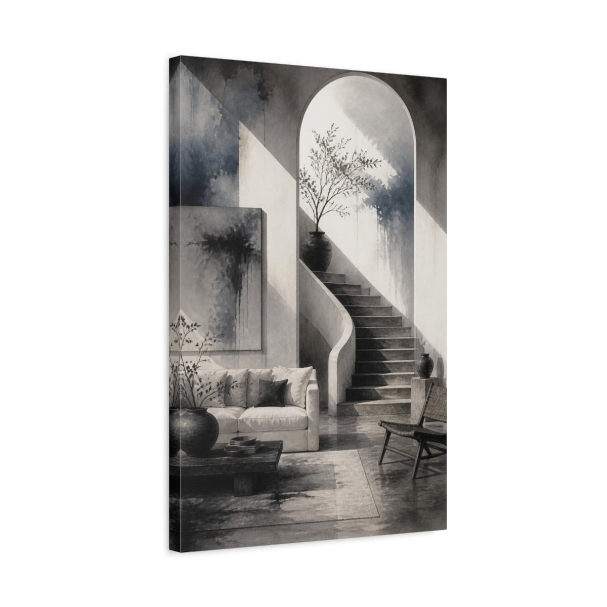 Side Mockup 3. Living Room Arched Staircase shown as canvas print