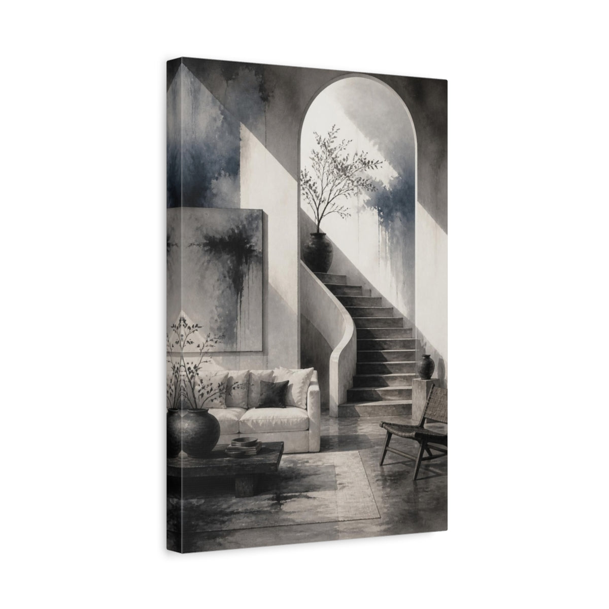 Side Mockup 4. Living Room Arched Staircase shown as canvas print