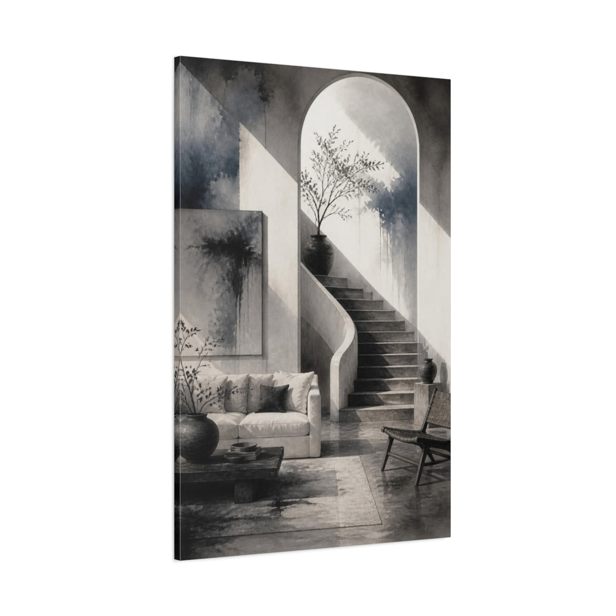 Side Mockup 1. Living Room Arched Staircase shown as canvas print