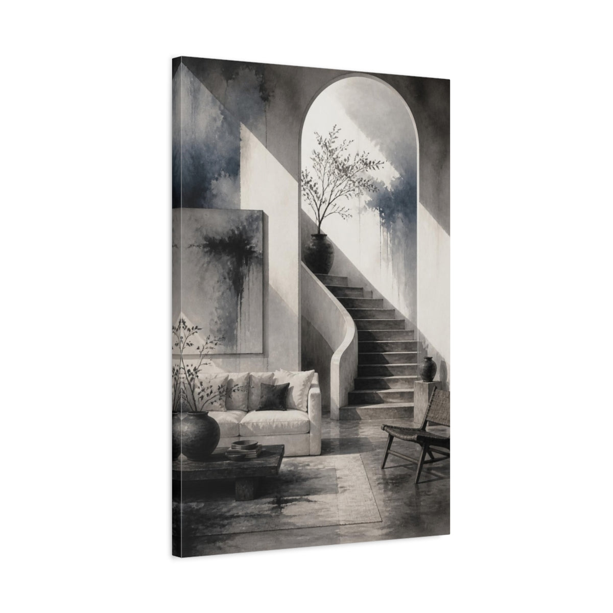 Side Mockup 2. Living Room Arched Staircase shown as canvas print