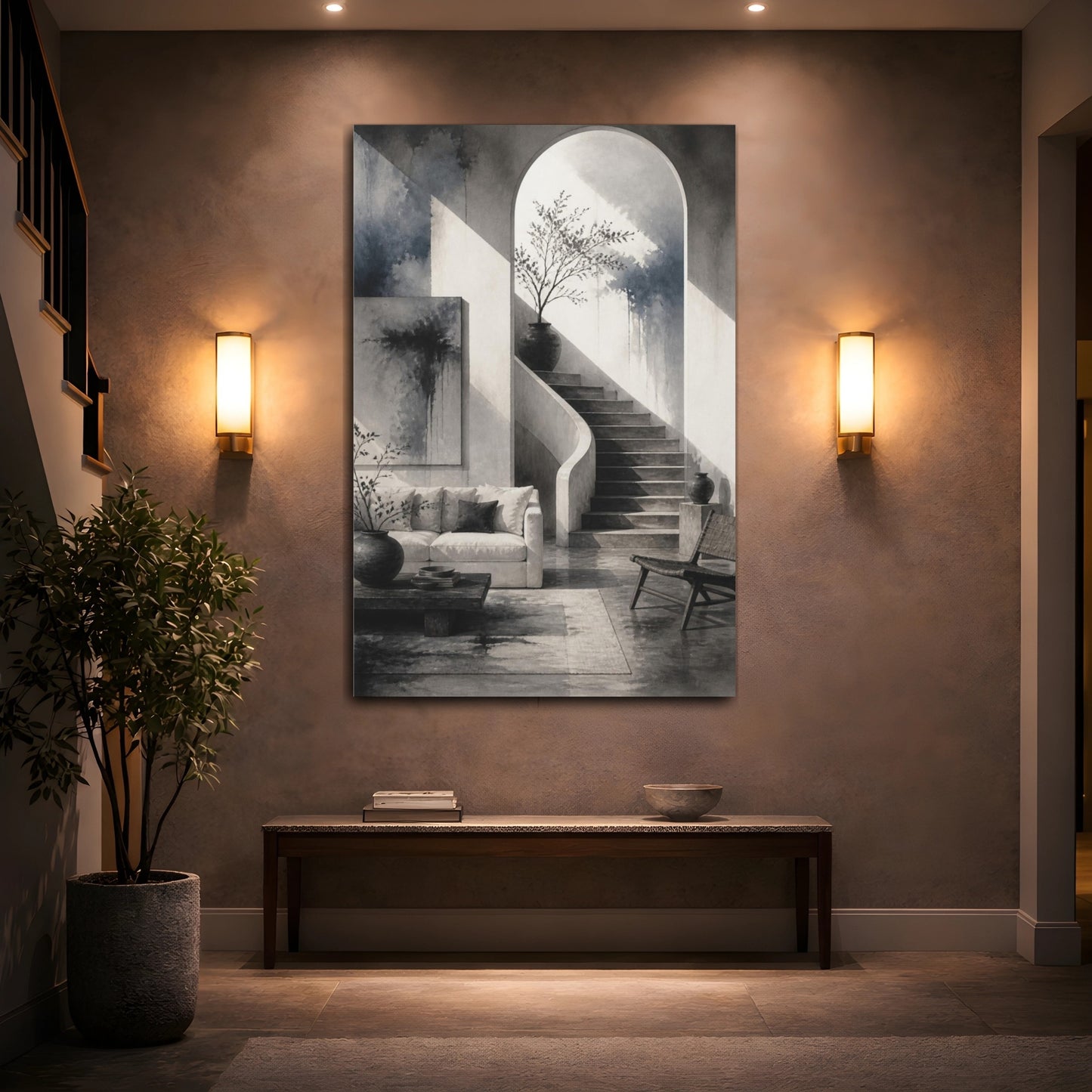 Mockup 2. Living Room Arched Staircase shown as canvas print