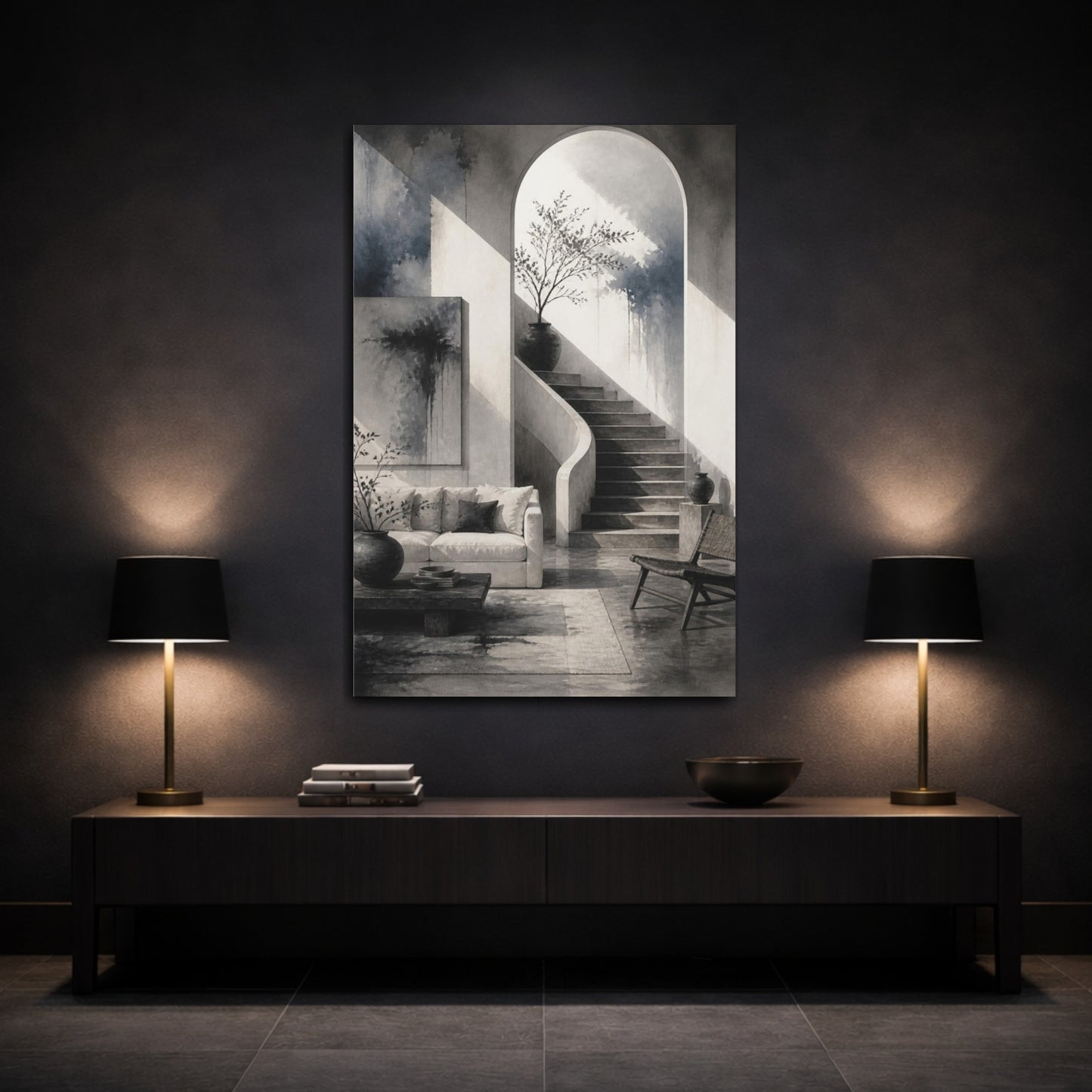 Mockup 3. Living Room Arched Staircase shown as canvas print