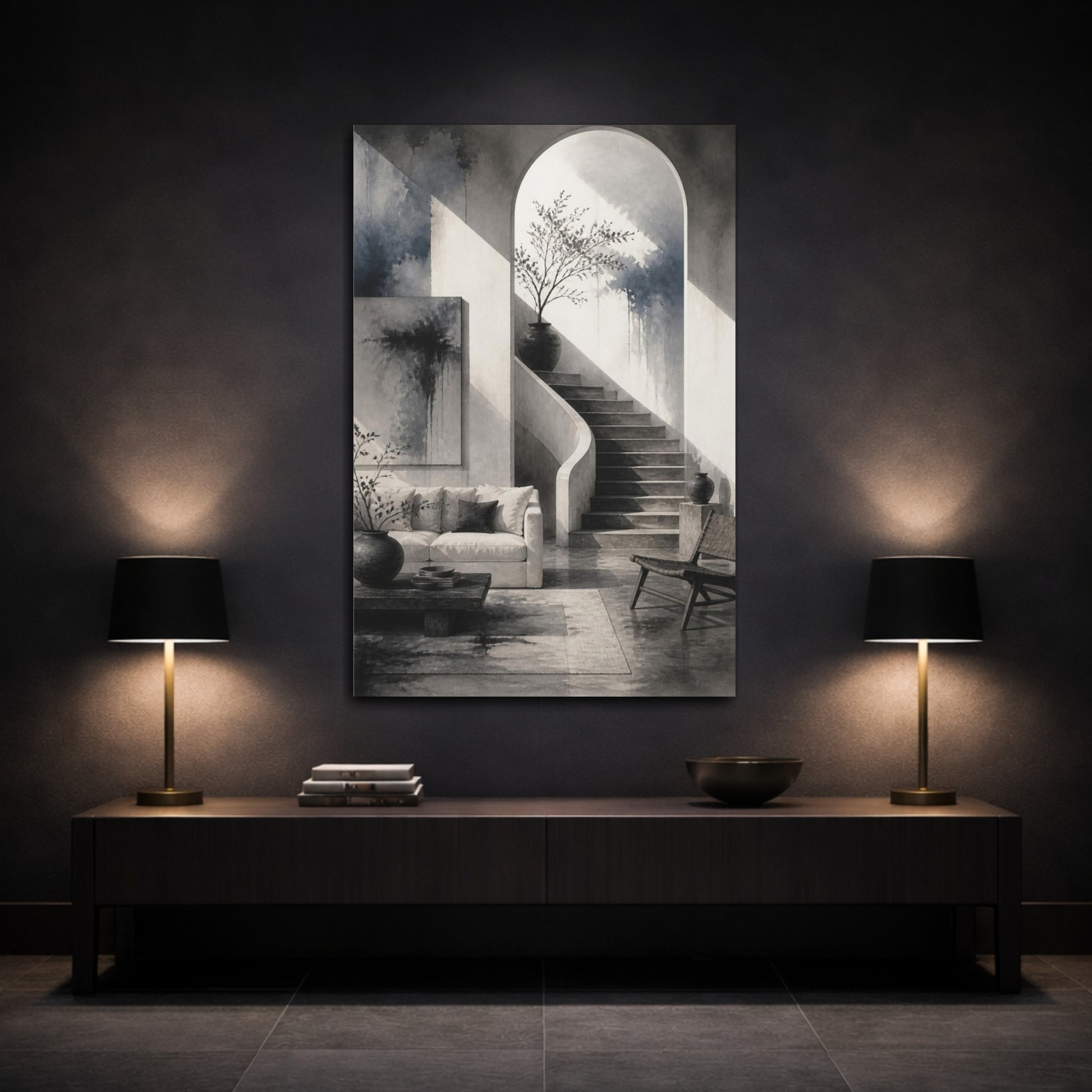 Mockup 3. Living Room Arched Staircase shown as canvas print
