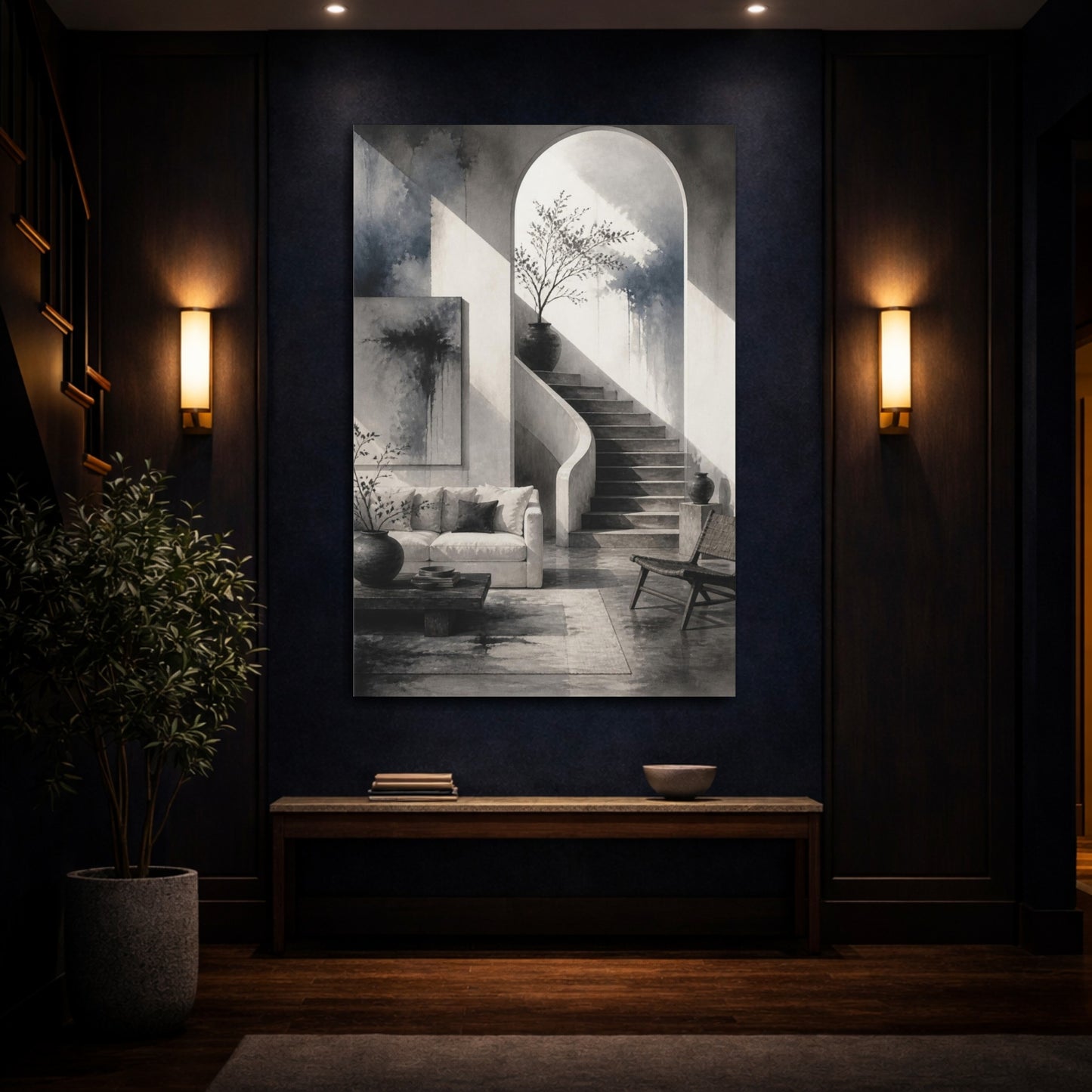 Mockup 4. Living Room Arched Staircase shown as canvas print