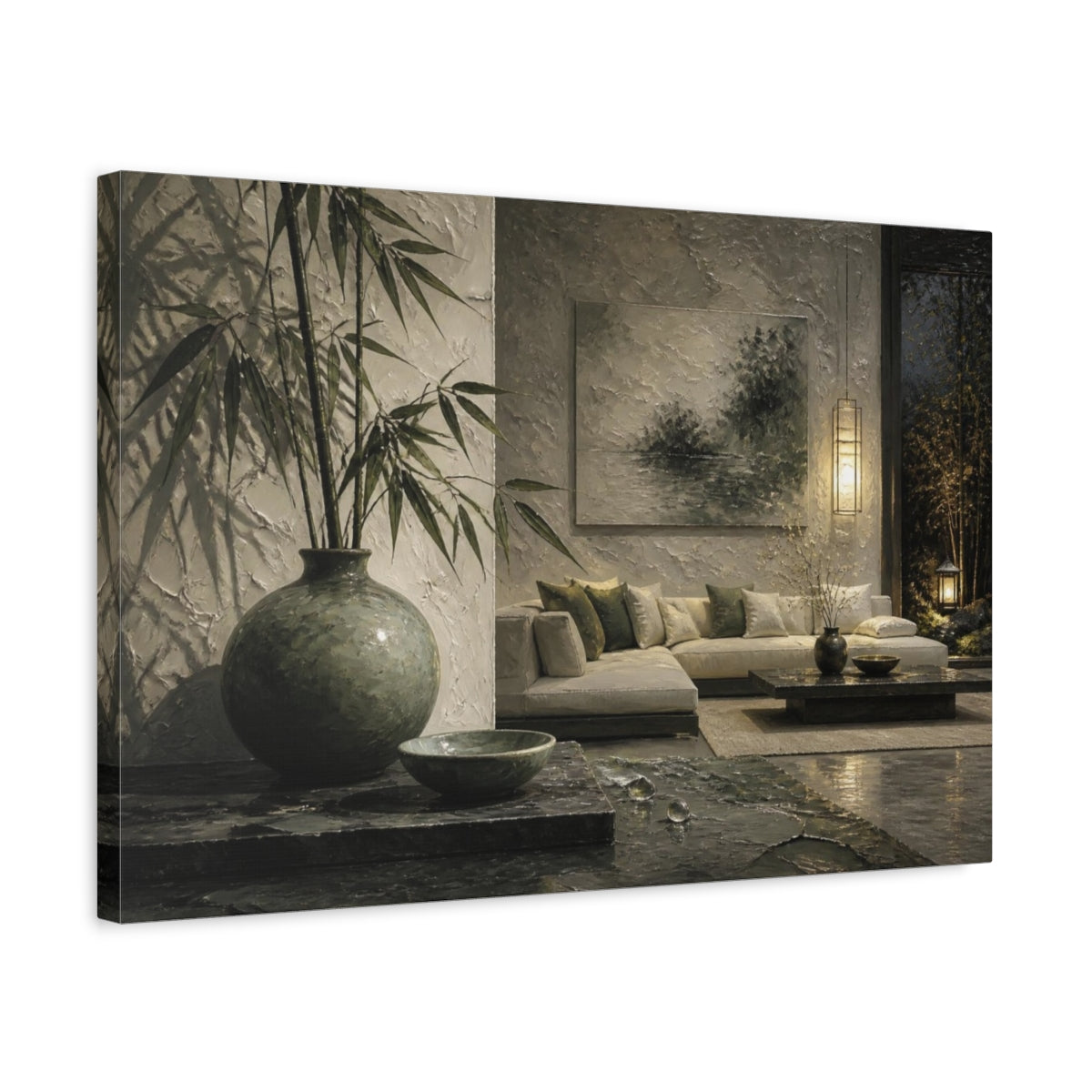 Side Mockup 3. Living Room Bamboo Vase shown as canvas print