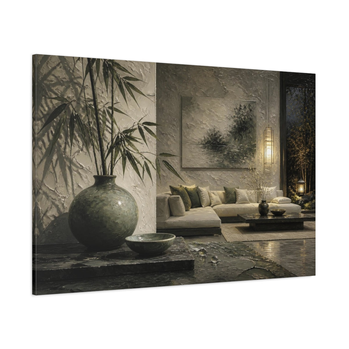 Side Mockup 1. Living Room Bamboo Vase shown as canvas print