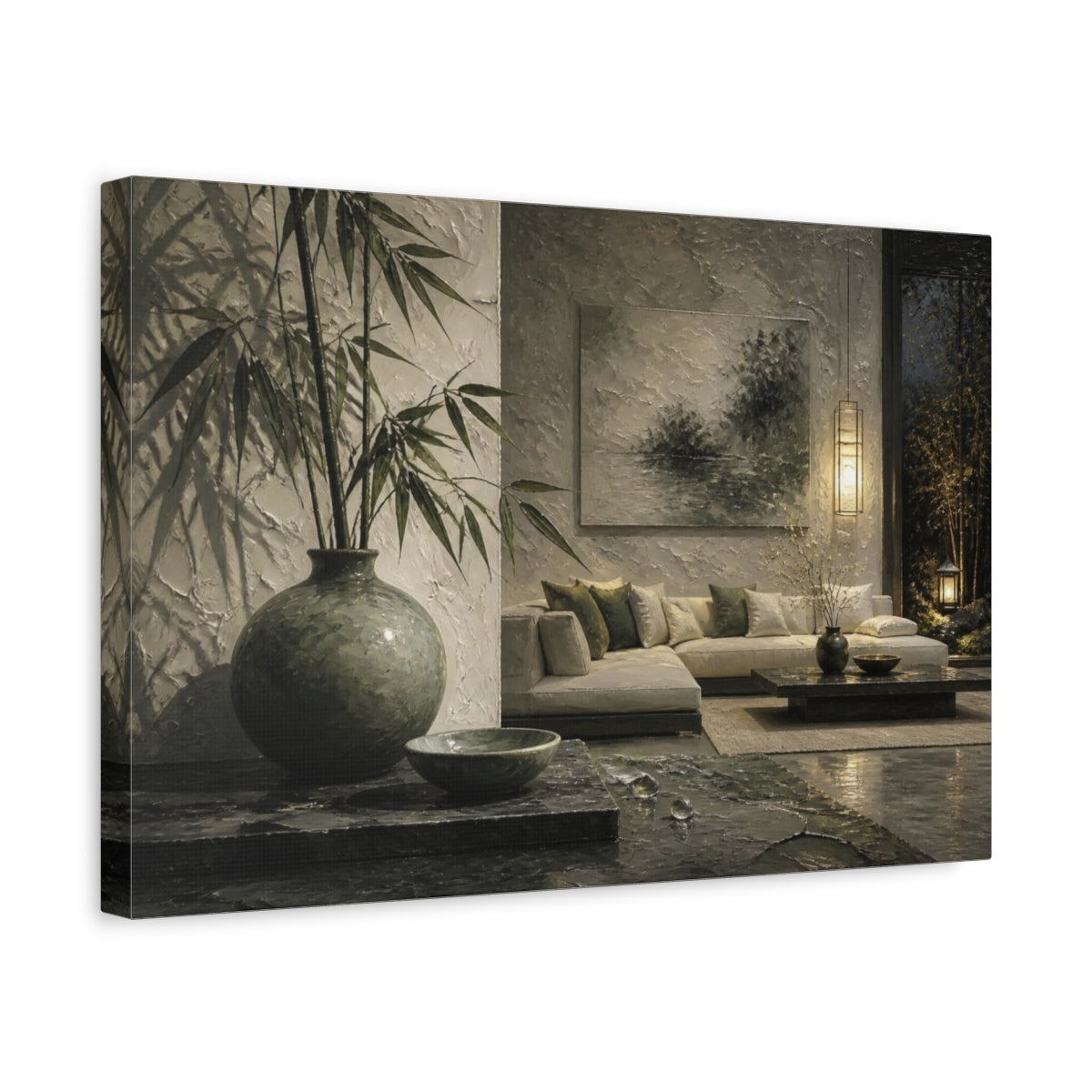 Side Mockup 4. Living Room Bamboo Vase shown as canvas print