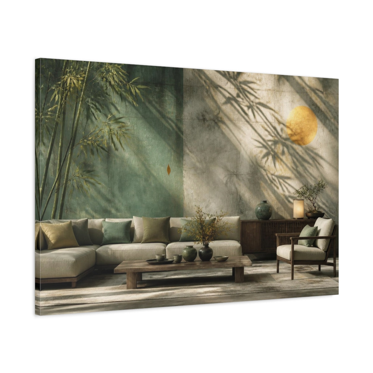 Main Mockup. Living Room Bamboo Wall shown as canvas print