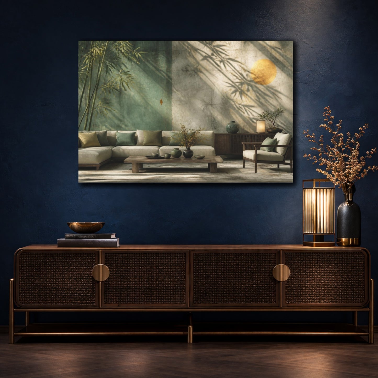 Mockup 4. Living Room Bamboo Wall shown as canvas print