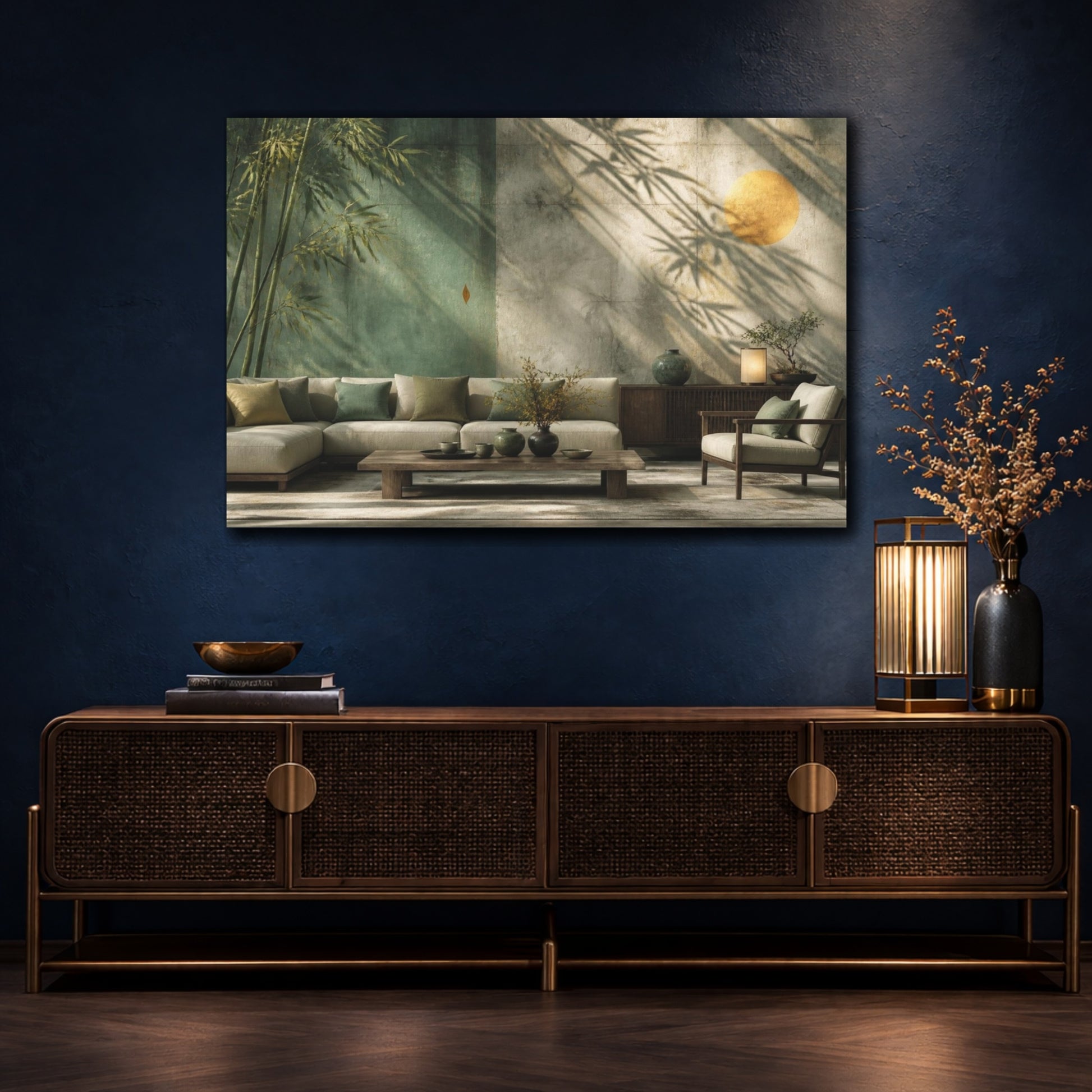 Mockup 4. Living Room Bamboo Wall shown as canvas print