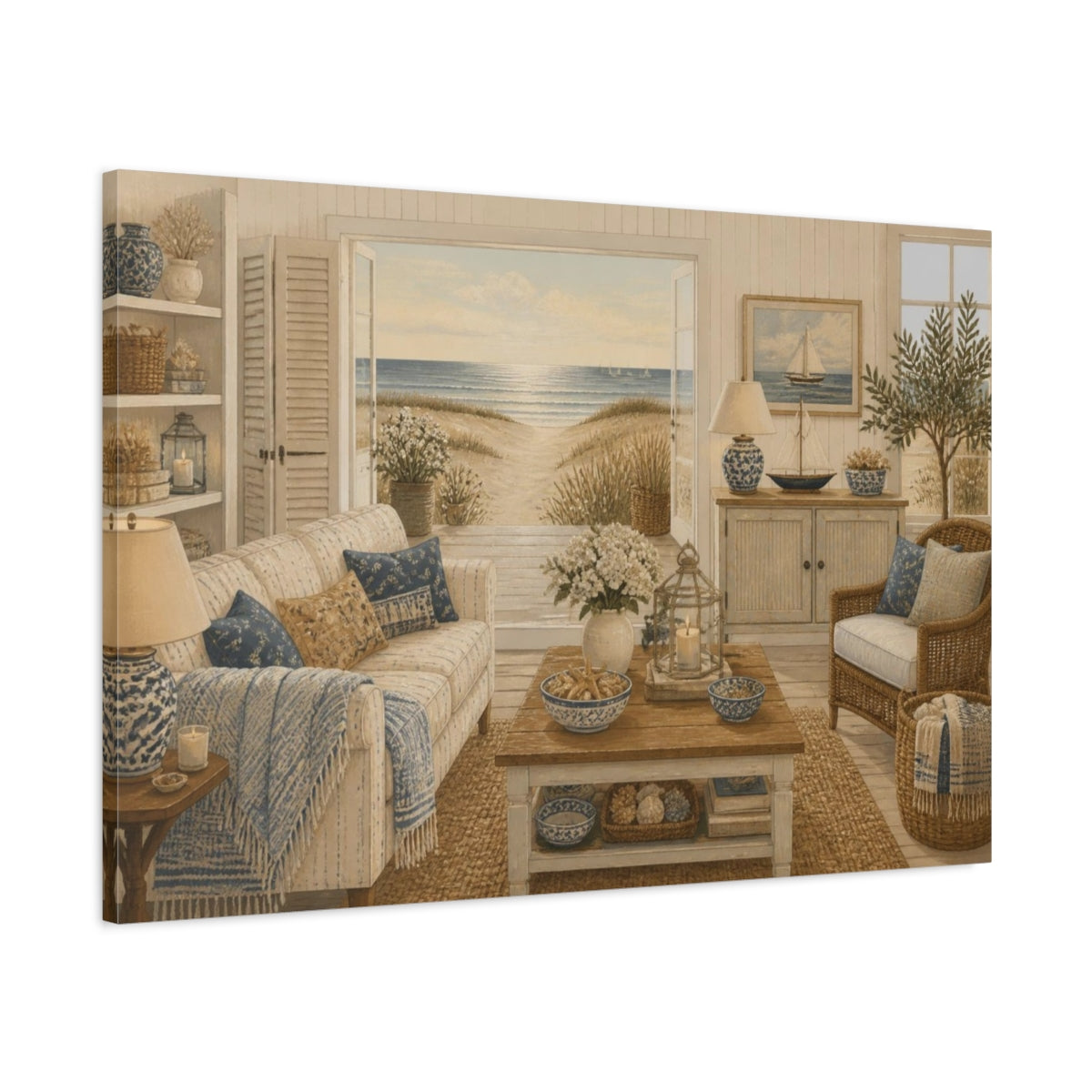Main Mockup. Living Room Beach View shown as canvas print