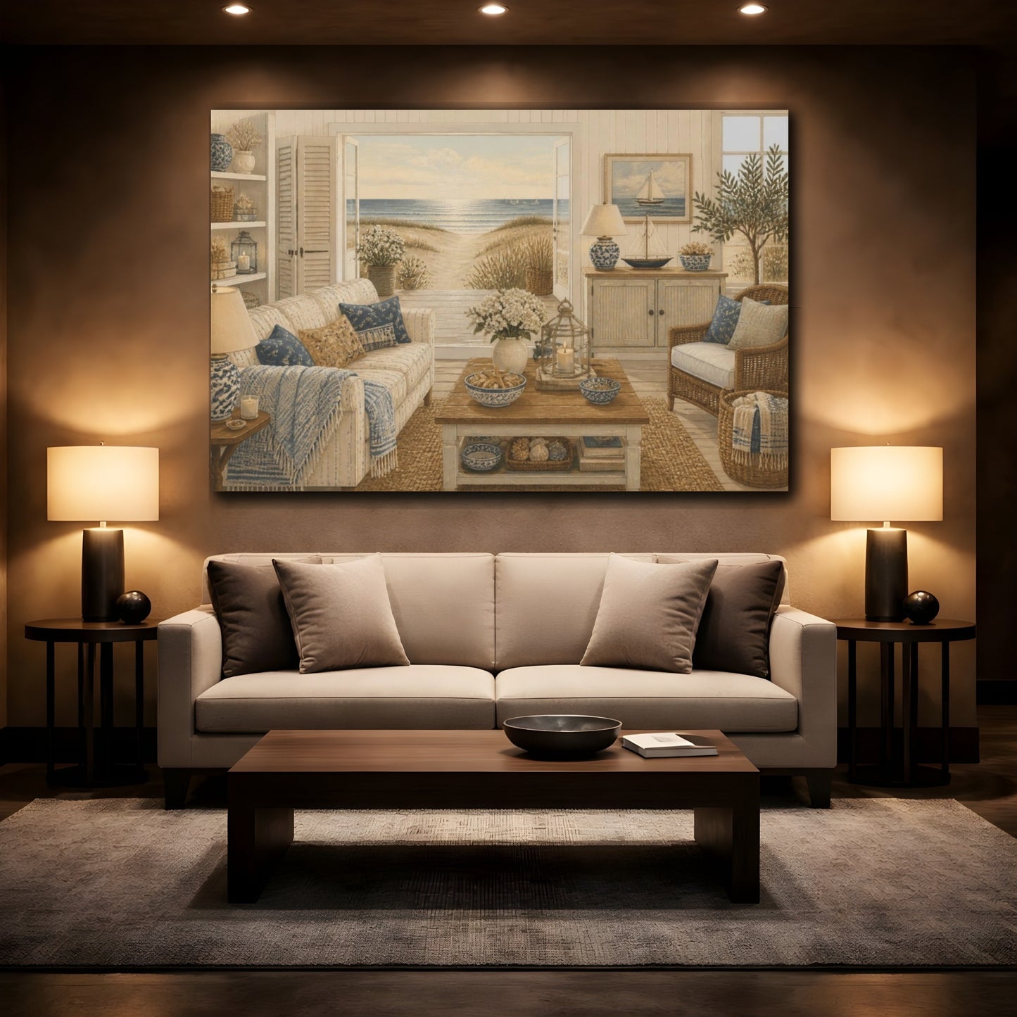 Mockup 2. Living Room Beach View shown as canvas print