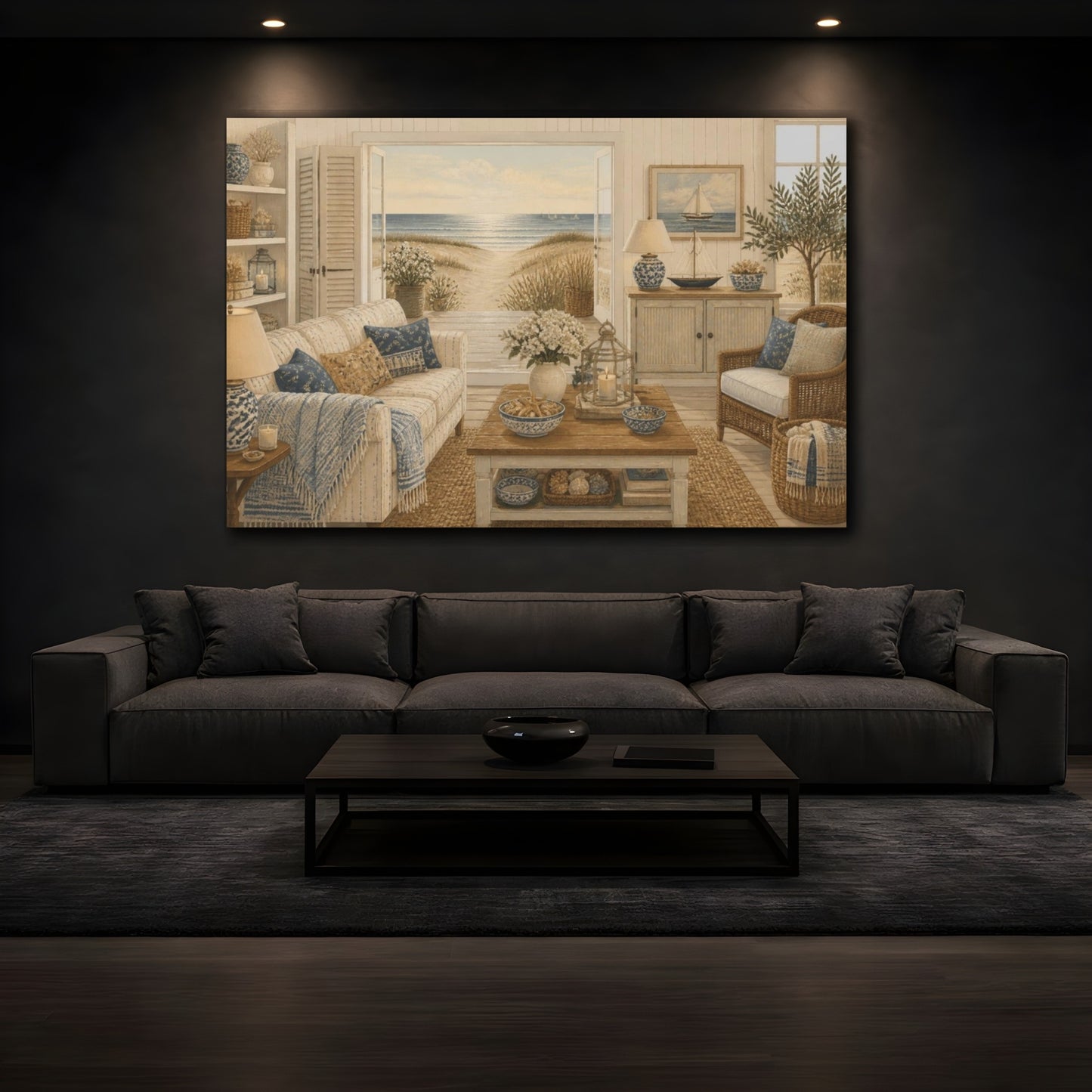Mockup 3. Living Room Beach View shown as canvas print