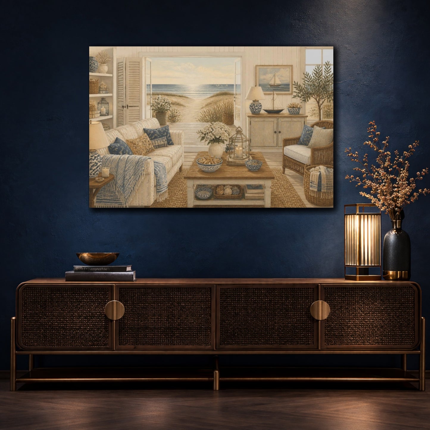 Mockup 4. Living Room Beach View shown as canvas print