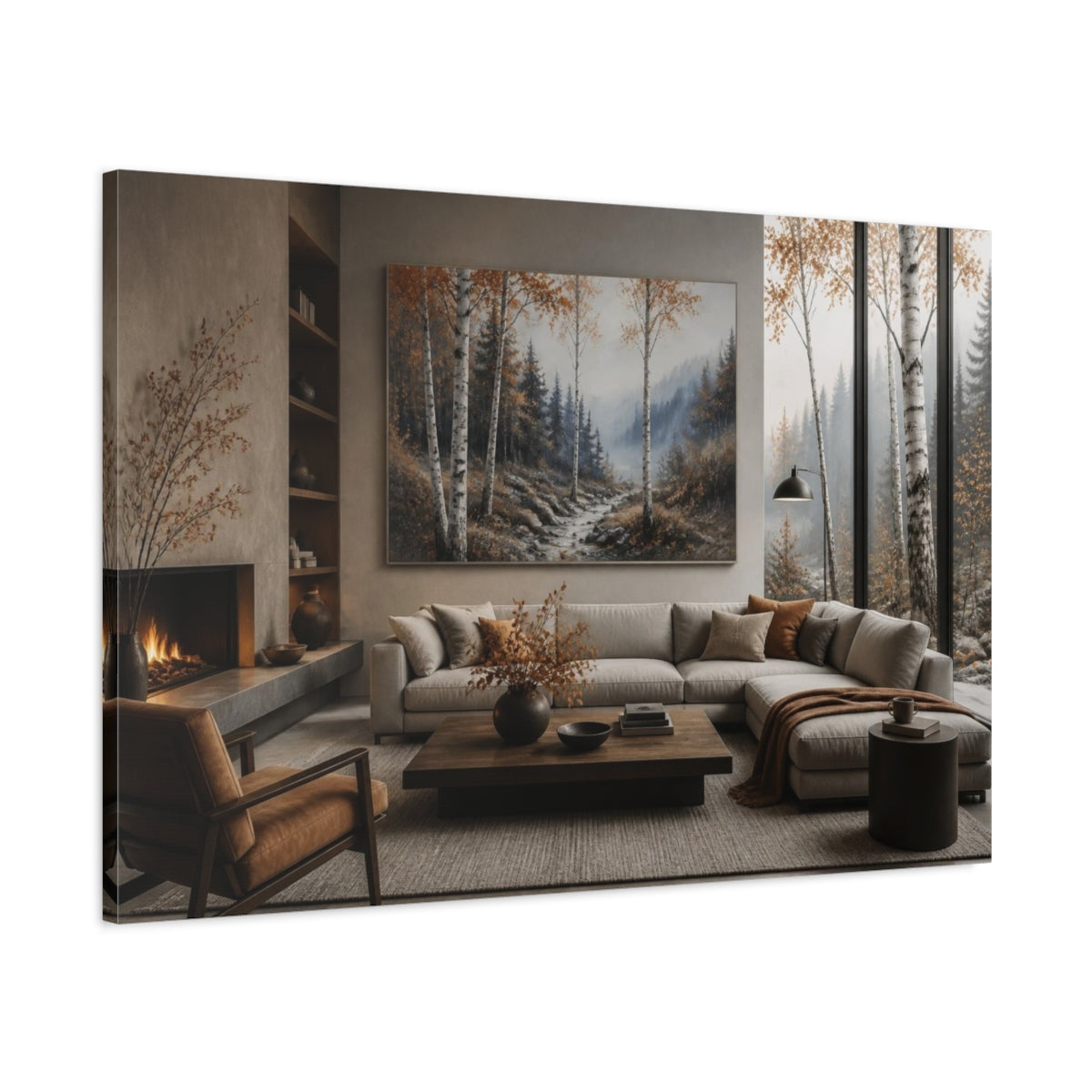 Main Mockup. Living Room Birch Valley shown as canvas print