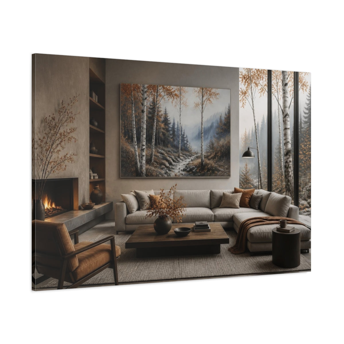 Side Mockup 1. Living Room Birch Valley shown as canvas print