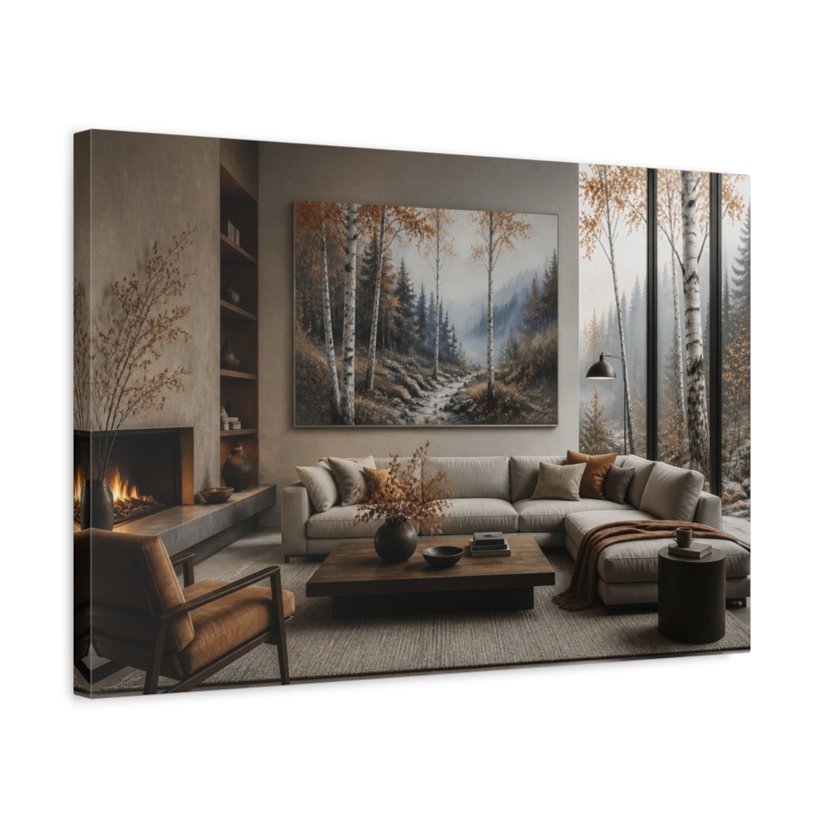 Side Mockup 3. Living Room Birch Valley shown as canvas print