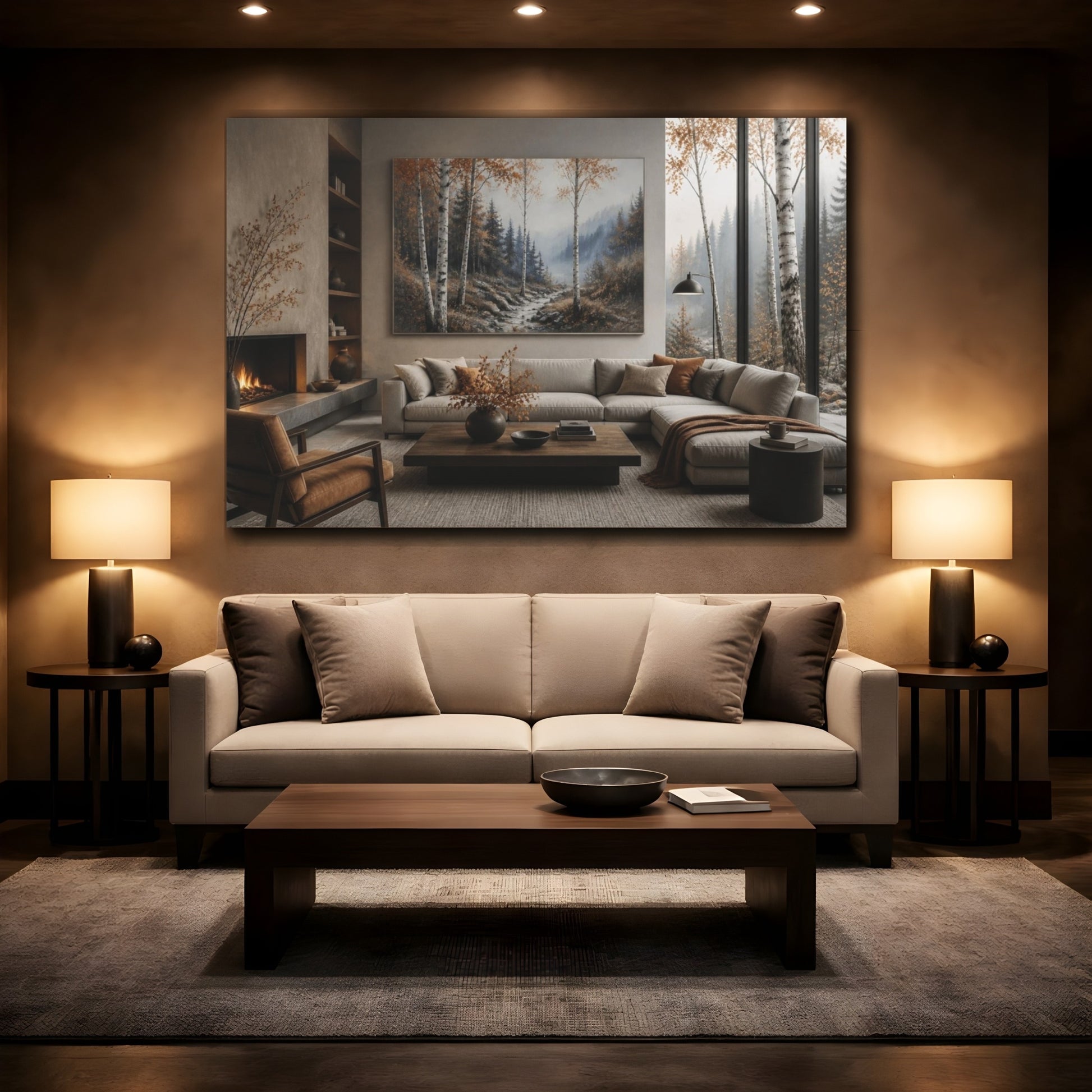 Mockup 2. Living Room Birch Valley shown as canvas print