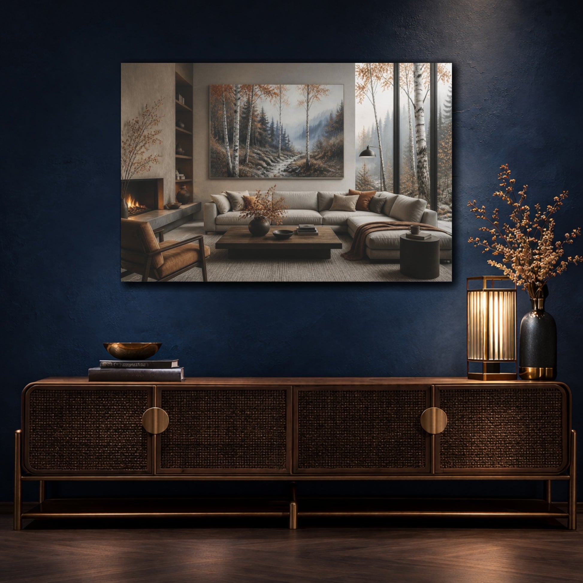 Mockup 4. Living Room Birch Valley shown as canvas print