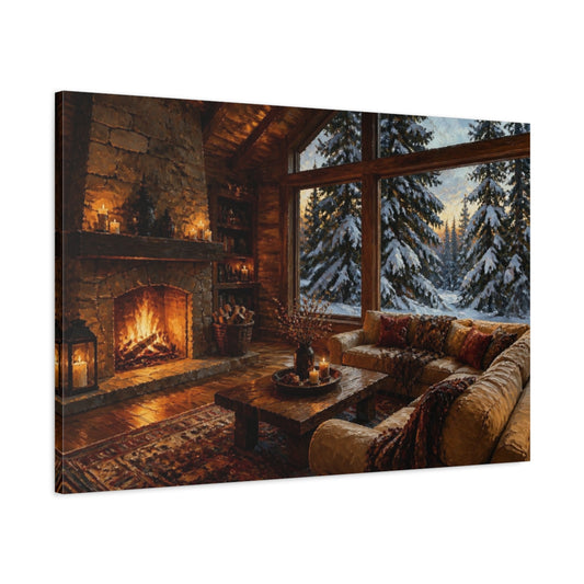 Main Mockup. Living Room Cabin Fireplace View shown as canvas print
