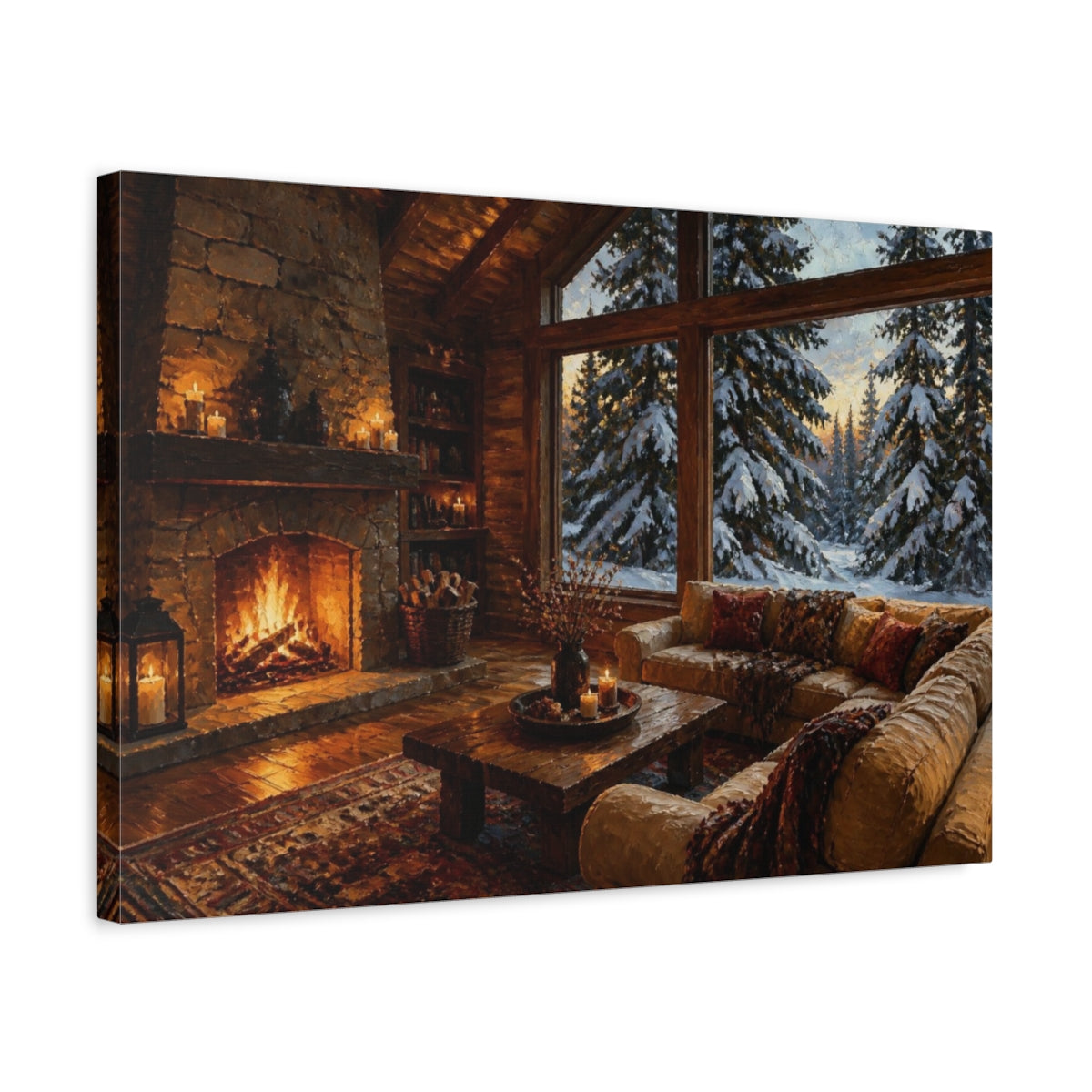 Side Mockup 3. Living Room Cabin Fireplace View shown as canvas print