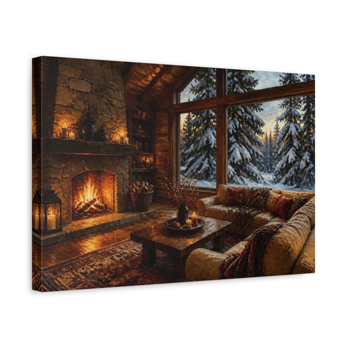 Side Mockup 4. Living Room Cabin Fireplace View shown as canvas print