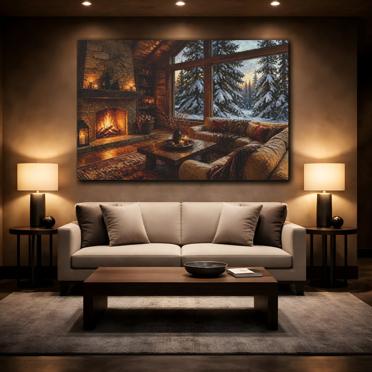 Mockup 2. Living Room Cabin Fireplace View shown as canvas print