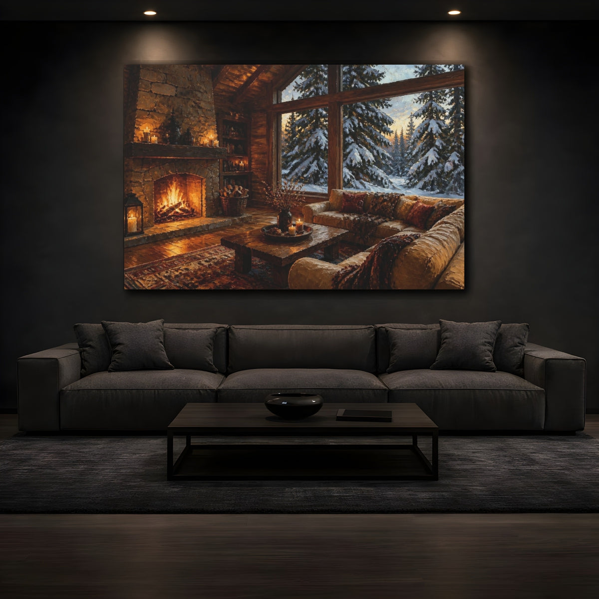 Mockup 3. Living Room Cabin Fireplace View shown as canvas print