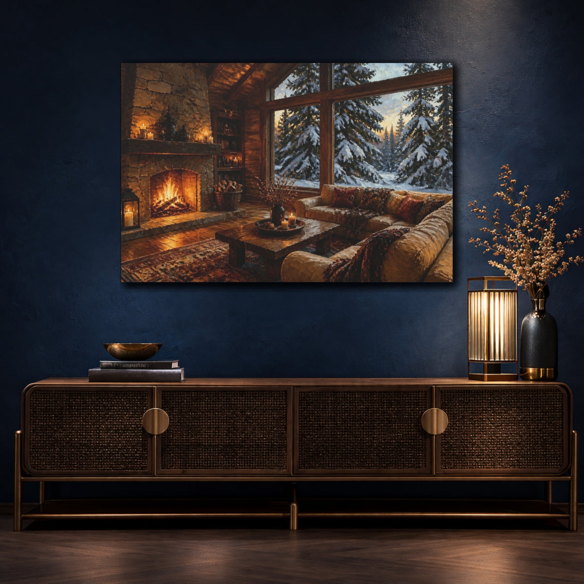 Mockup 4. Living Room Cabin Fireplace View shown as canvas print