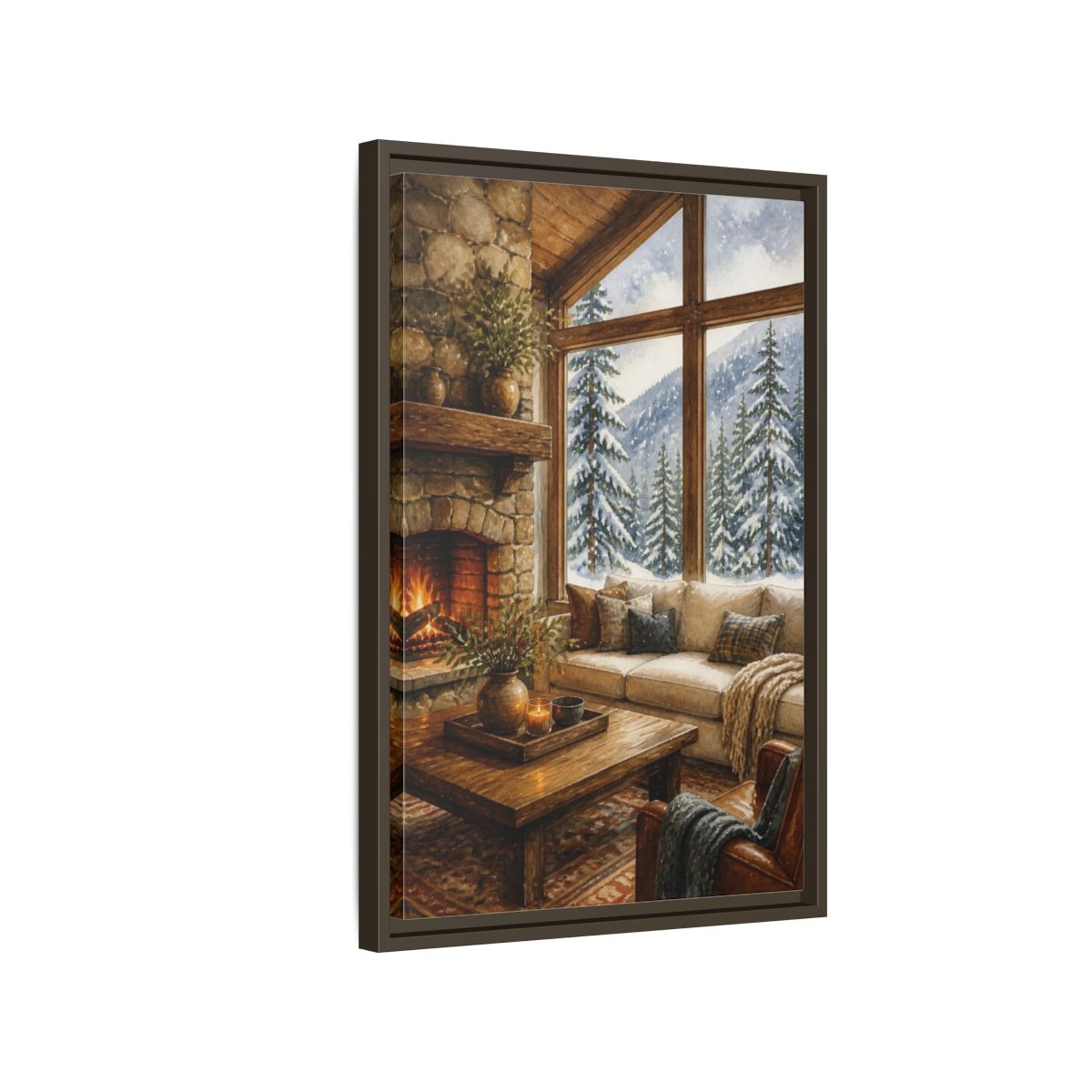 Side Mockup 2. Living Room Cabin Window shown as framed canvas print
