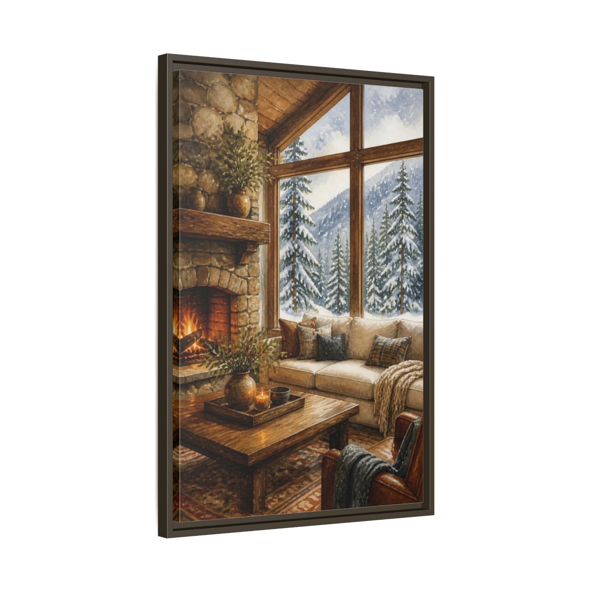 Side Mockup 11. Living Room Cabin Window shown as framed canvas print