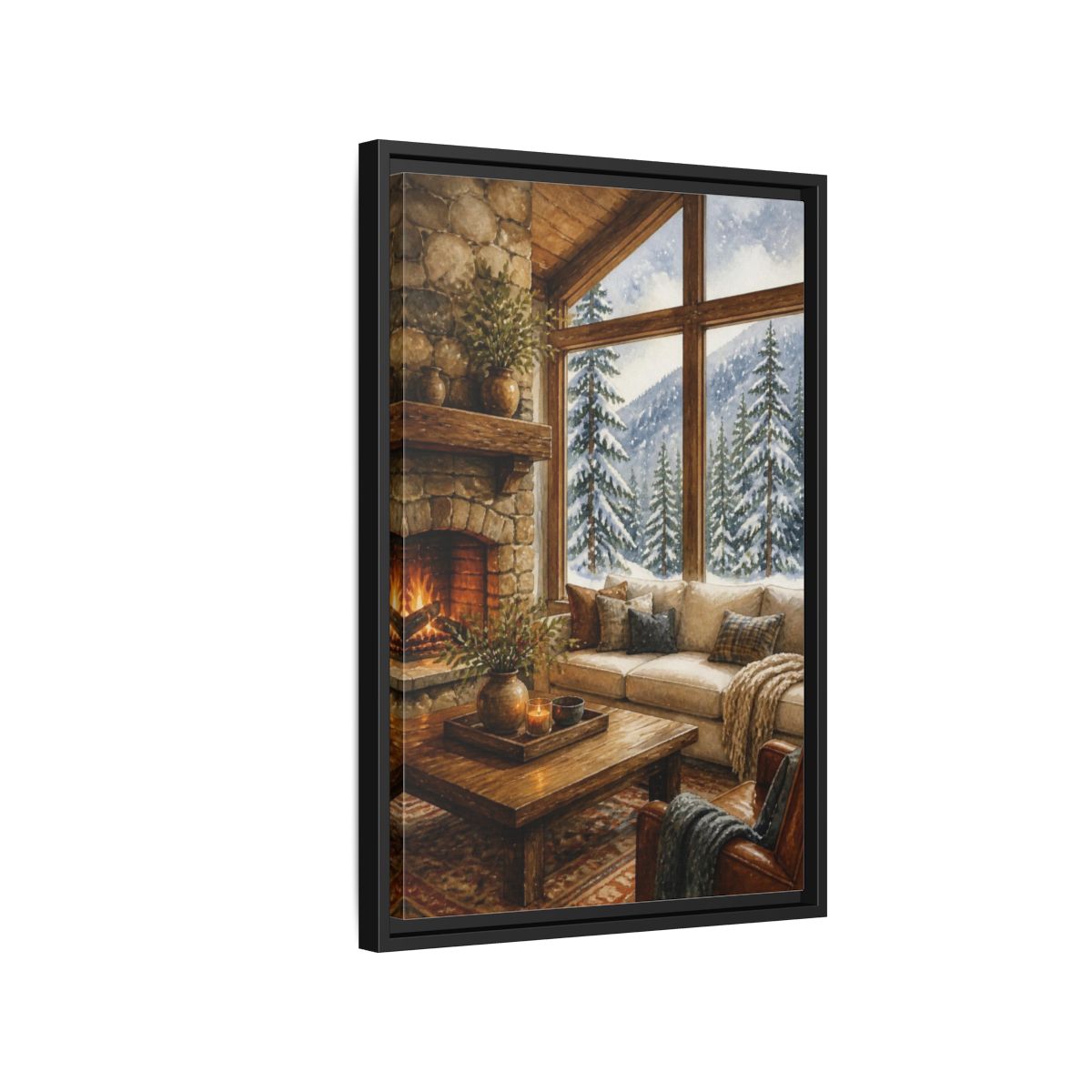 Side Mockup 3. Living Room Cabin Window shown as framed canvas print