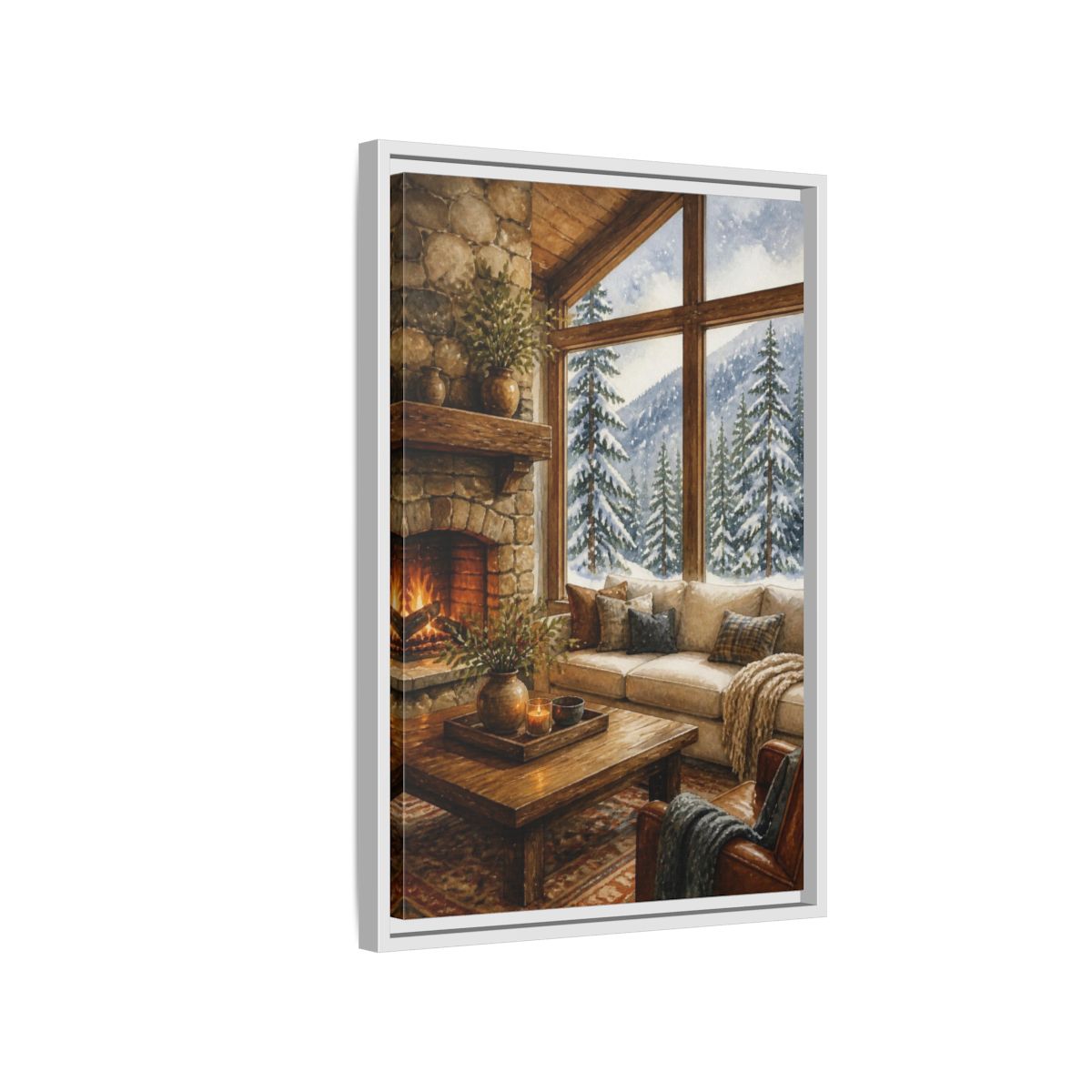 Side Mockup 1. Living Room Cabin Window shown as framed canvas print