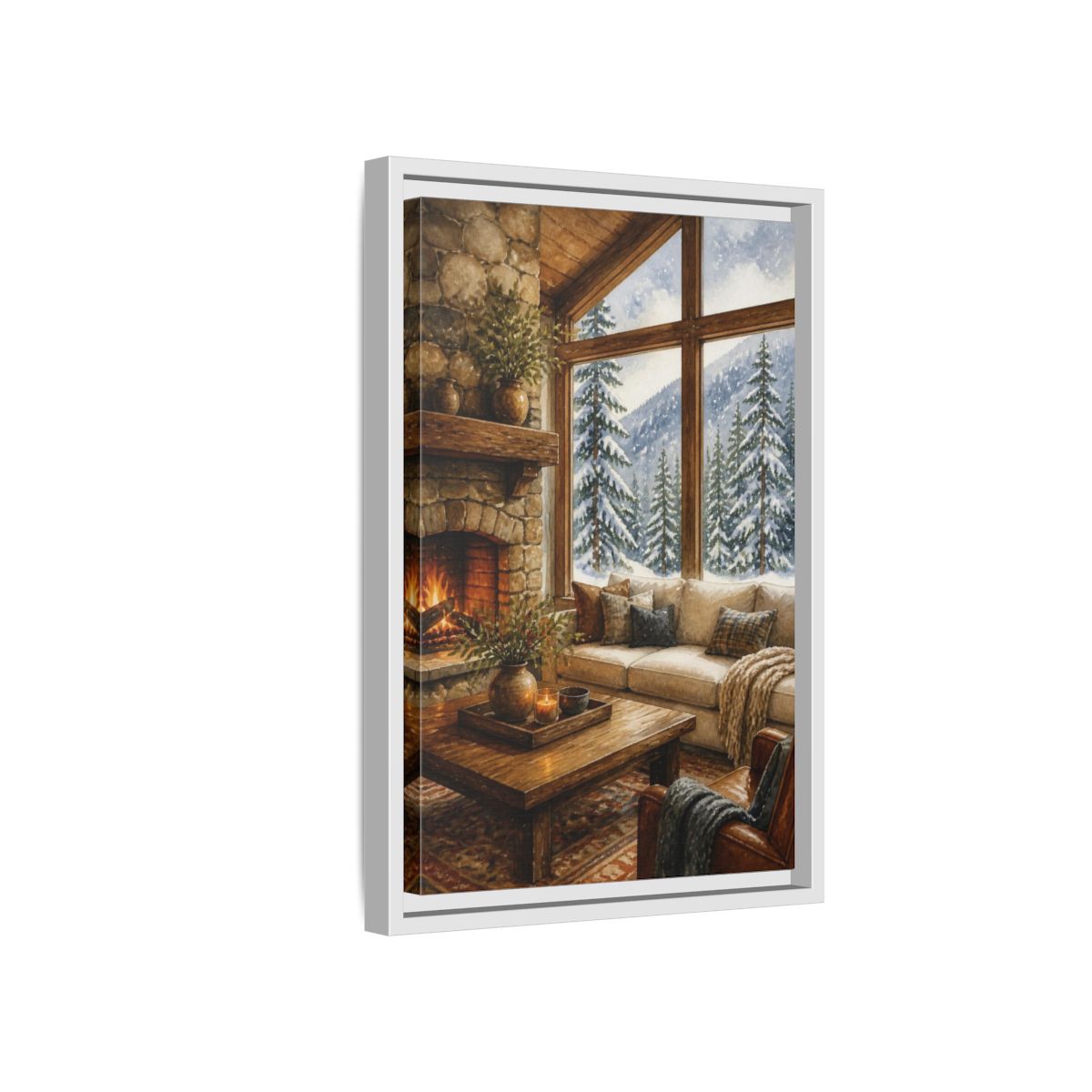 Side Mockup 4. Living Room Cabin Window shown as framed canvas print