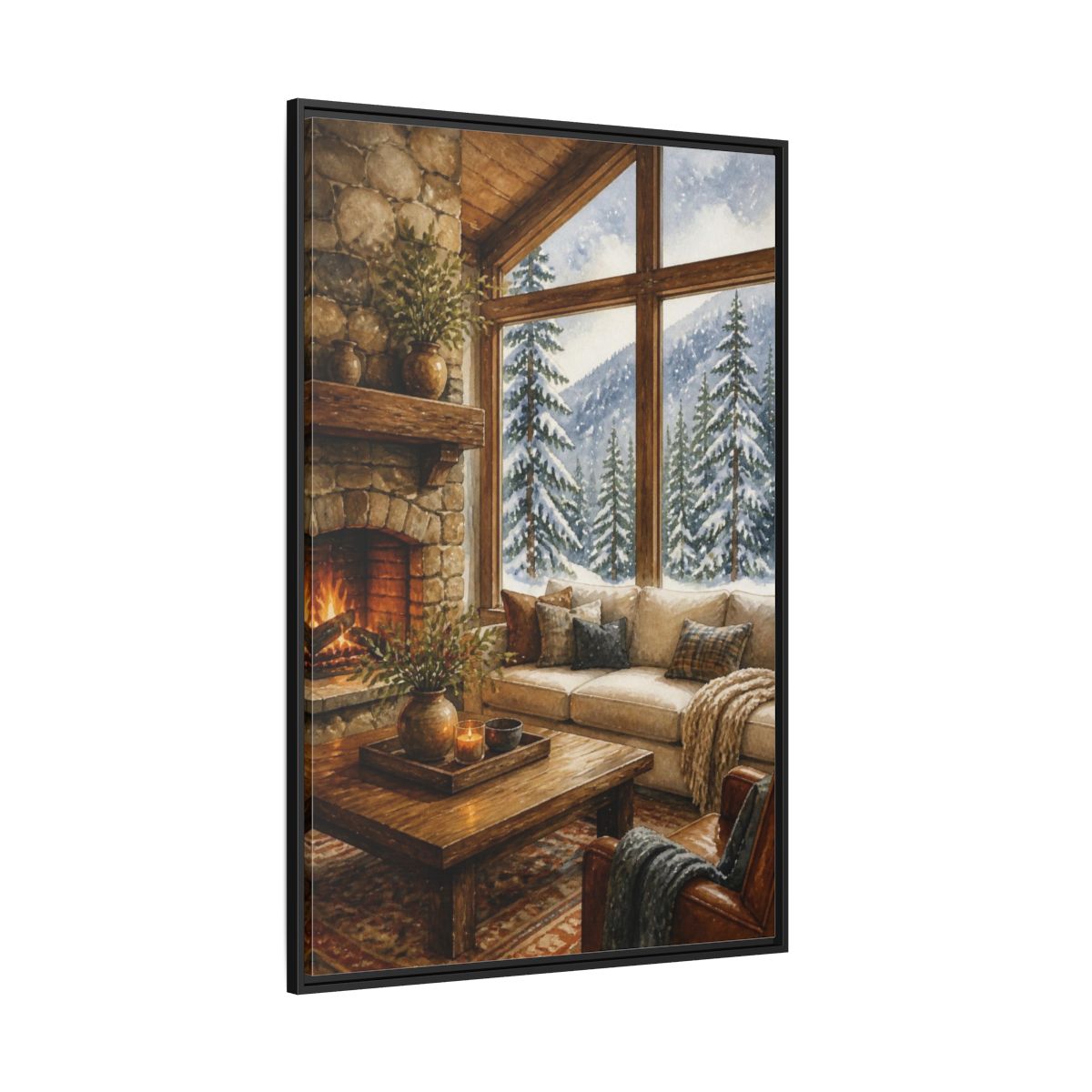 Side Mockup 12. Living Room Cabin Window shown as framed canvas print